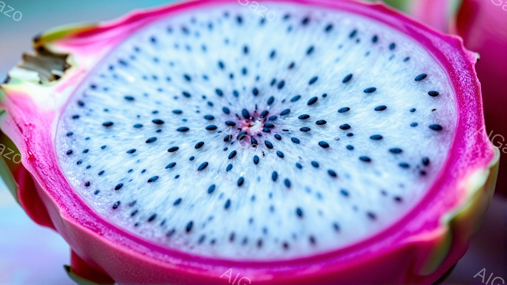 ドラゴンフルーツの断面が写っており、鮮やかなピンク色の皮と白く、黒い種が散りばめられた果肉が特徴的です。種は星のように配置され、果肉の中心に向かって密集しています。背景はぼやけており、果物そのものに焦 - AI生成フリー素材