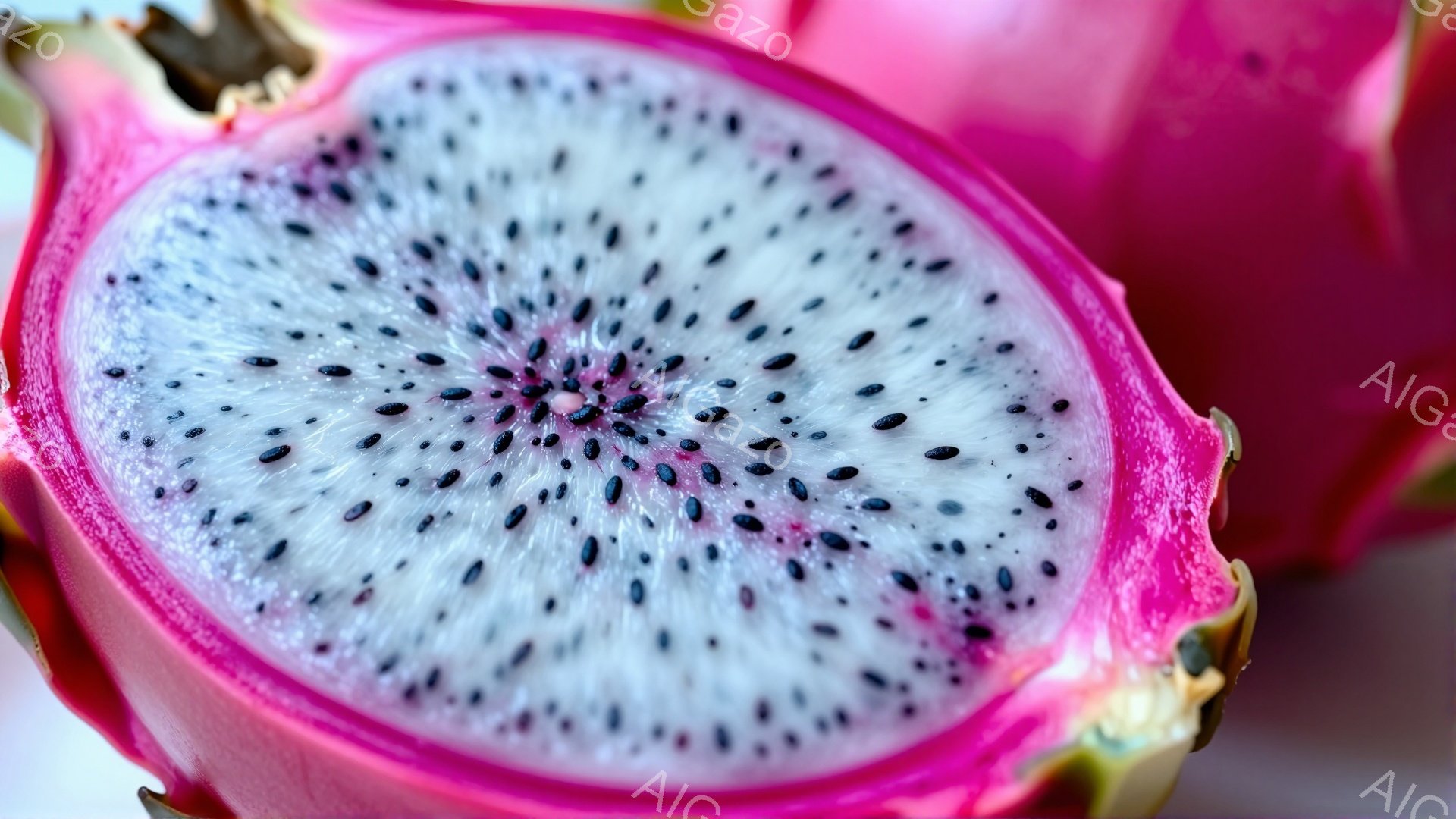 ドラゴンフルーツの断面が鮮やかに写っている画像です。ピンク色の果肉には、小さな黒い種が星のように散りばめられており、白く輝く果肉とのコントラストが美しいです。背景はぼかされており、果物そのものが際立っ - AI生成フリー素材