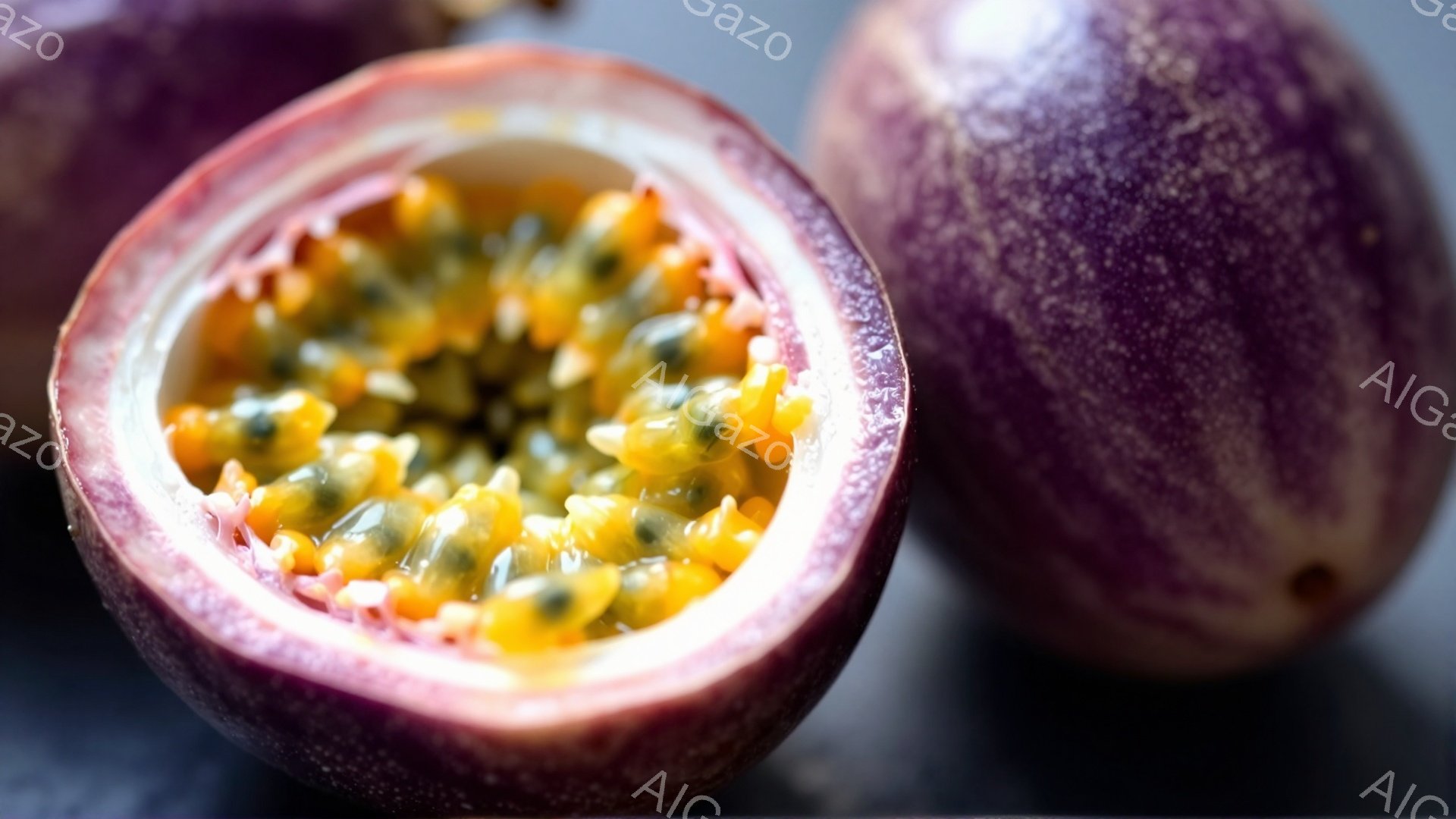 パッションフルーツが半分にカットされた写真です。紫色の皮の内側には、オレンジ色の果肉と黒い種がぎっしりと詰まっています。背景は暗いグレーで、果物が際立っています。