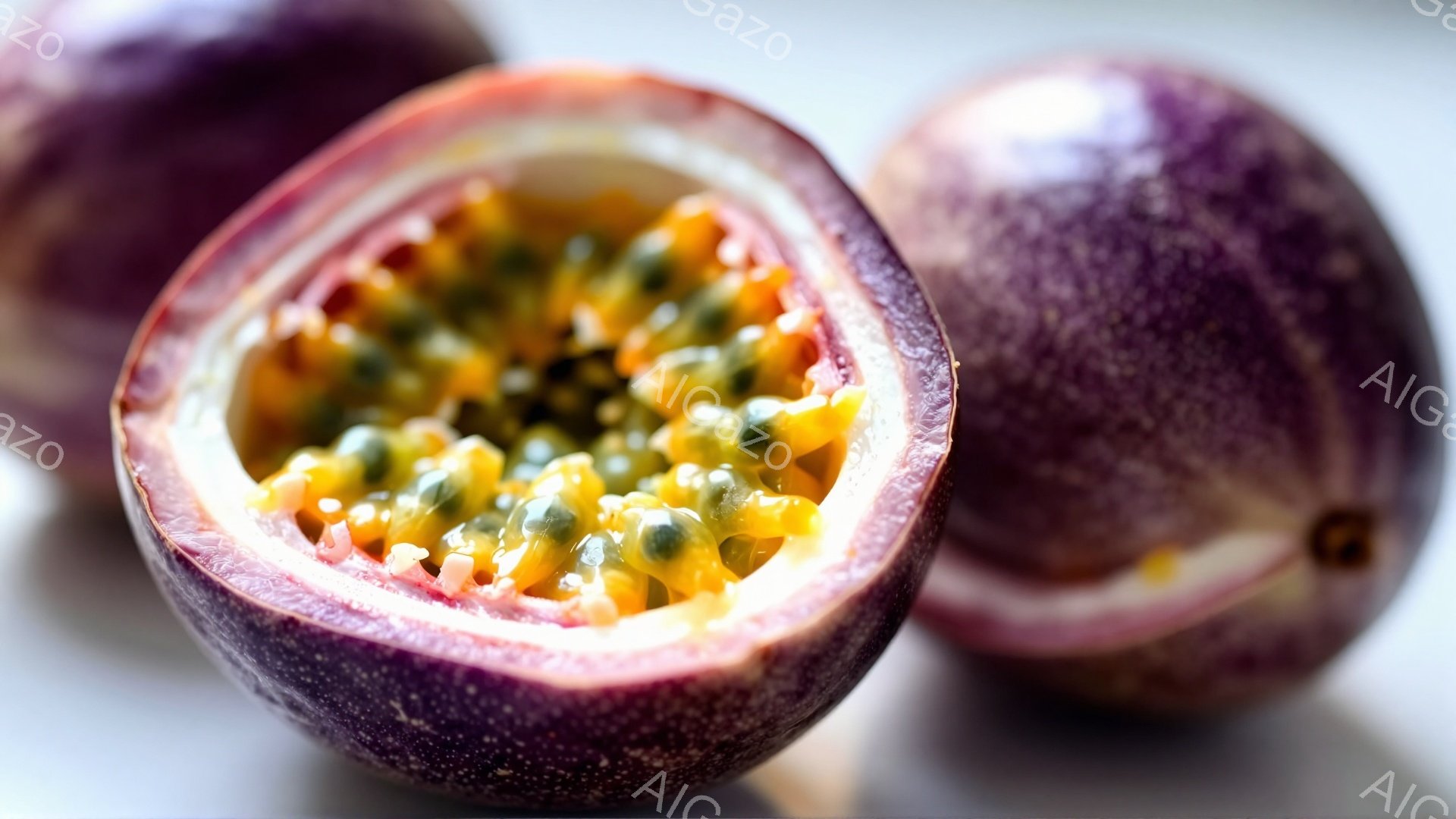 画像には、パッションフルーツの断面と丸い実が並んでいます。切られたパッションフルーツからは、黄色い果肉と黒い種が豊富に見え、甘酸っぱい香りが想像されます。背景はぼかされており、フルーツが際立って見えます。