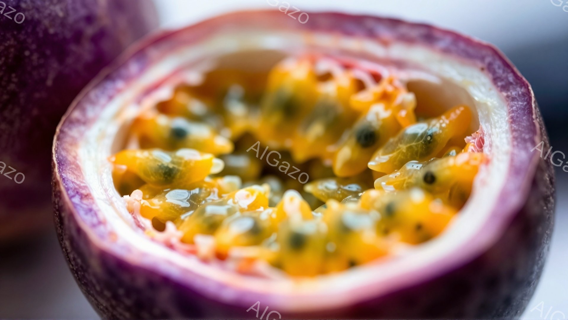 パッションフルーツの断面が捉えられています。紫色の果皮に包まれた内部には、オレンジ色の種と果肉が密集しており、種には小さな白い点々が見られます。背景は白く、鮮やかなフルーツの色が際立っています。