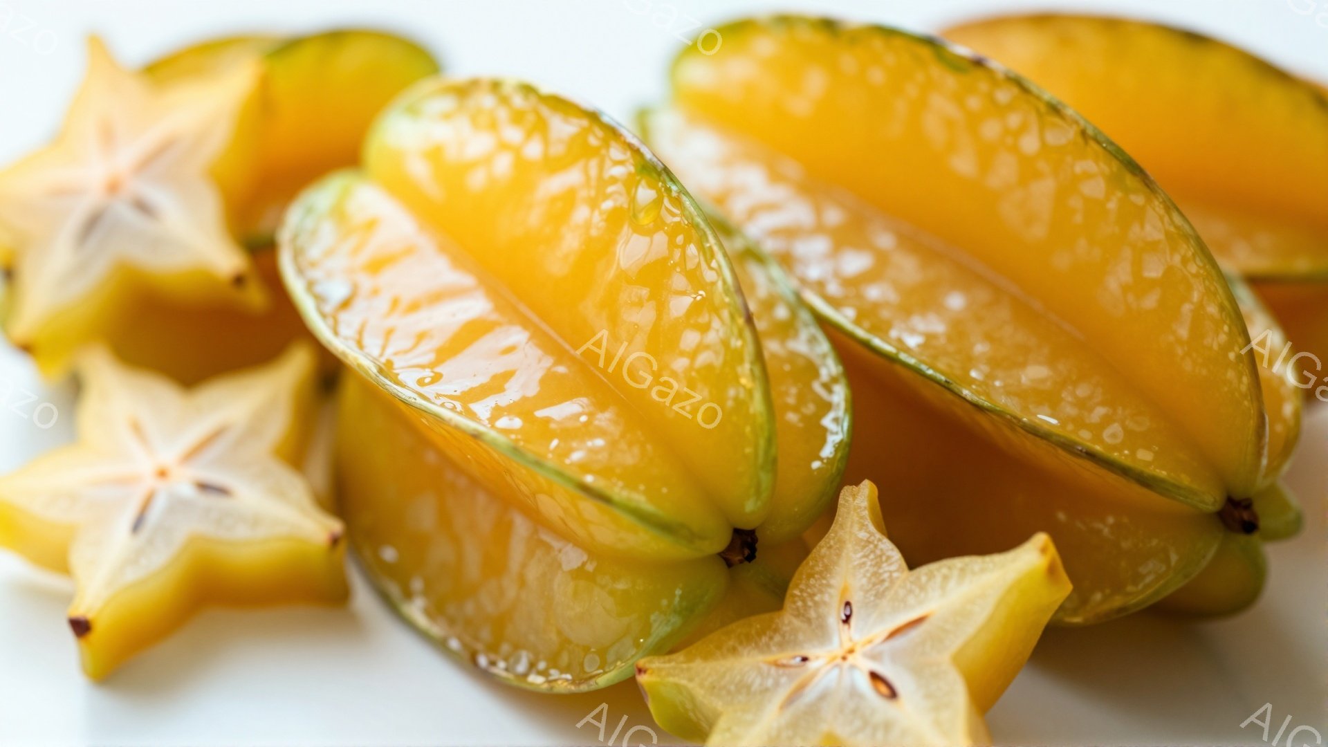 画像には、星形にカットされたカラングーと呼ばれる熱帯の果物がいくつか写っています。果物は鮮やかな黄色と緑色をしており、表面は水分で覆われています。白い背景に配置されており、果物の自然な色合いと形が際立 - AI生成フリー素材