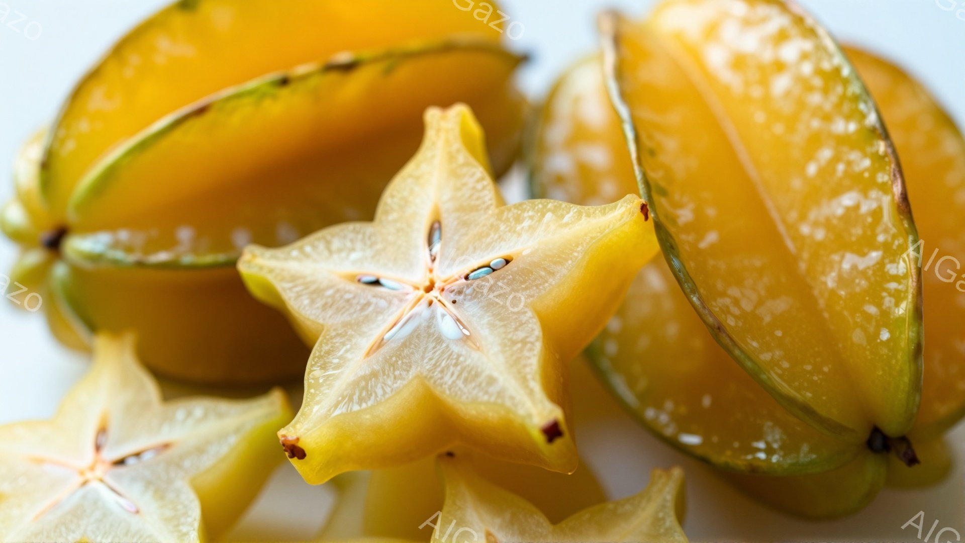 画像には、星形にカットされたカラフルなスターフルーツがいくつか写っています。フルーツは黄色と緑のグラデーションで、表面には小さな水滴が見られます。背景は白く、フルーツの色を引き立てており、新鮮で爽やか - AI生成フリー素材