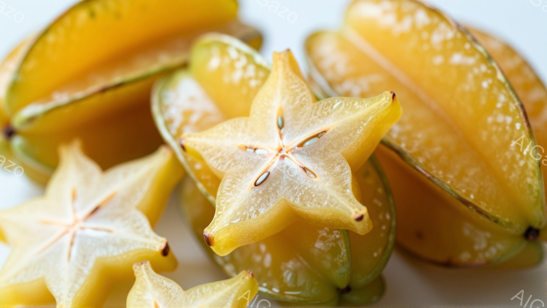 画像には、星形にカットされたカラフルなスターフルーツが数切れ写っています。果肉は黄色っぽく、種は中心に集まっています。背景は白く、果物の鮮やかな色合いが際立っており、全体的にフレッシュで美味しそうな雰囲気を醸し出しています。