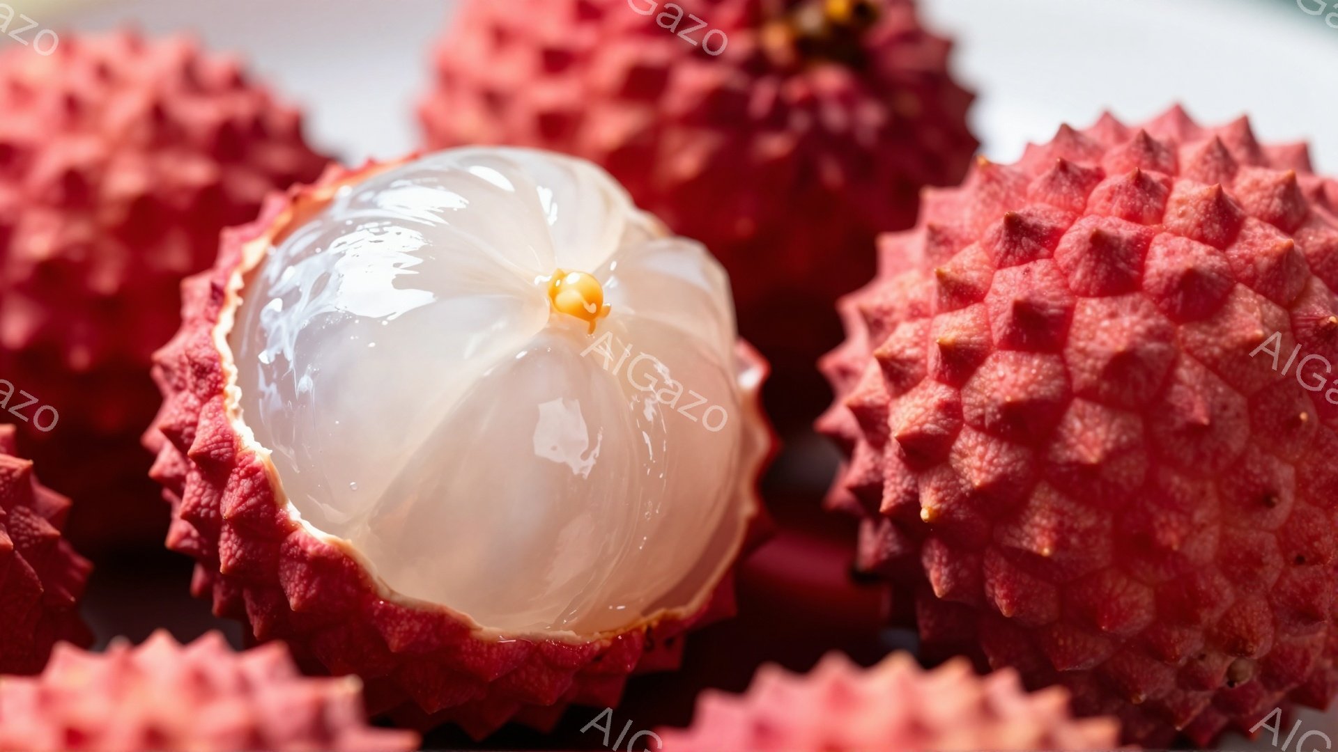 画像には、ライチがいくつか写っています。一つは半分に割れており、白い果肉が見えています。赤い棘のある皮が特徴的で、背景はぼやけており、ライチが主な被写体となっています。