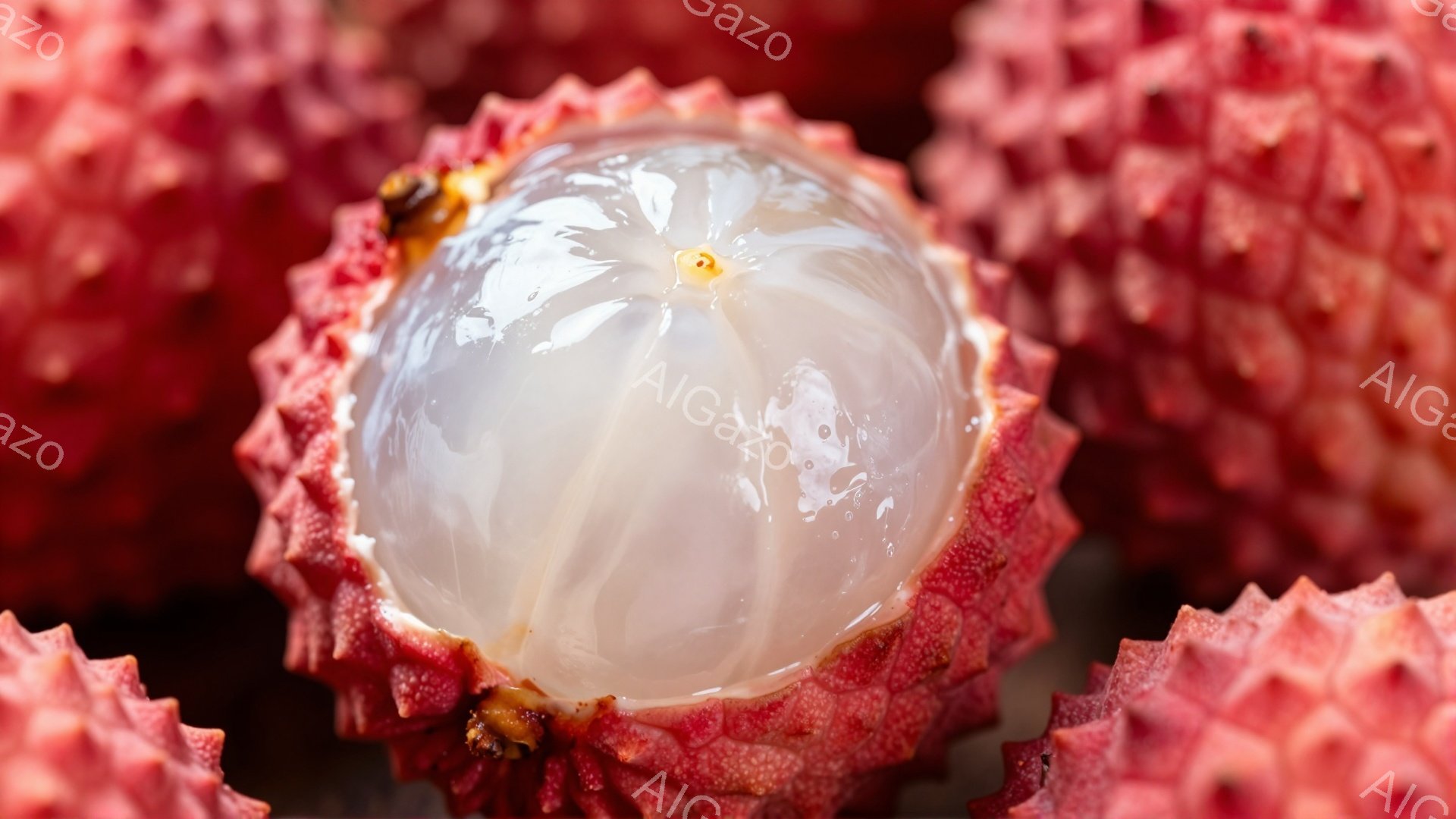画像はライチの実のクローズアップです。鮮やかな赤色の棘状の皮に覆われた白い、半透明の果肉が中央に大きく写っています。果肉はつやがあり、表面には小さな水滴が見られ、新鮮でみずみずしい様子が伝わってきます - AI生成フリー素材