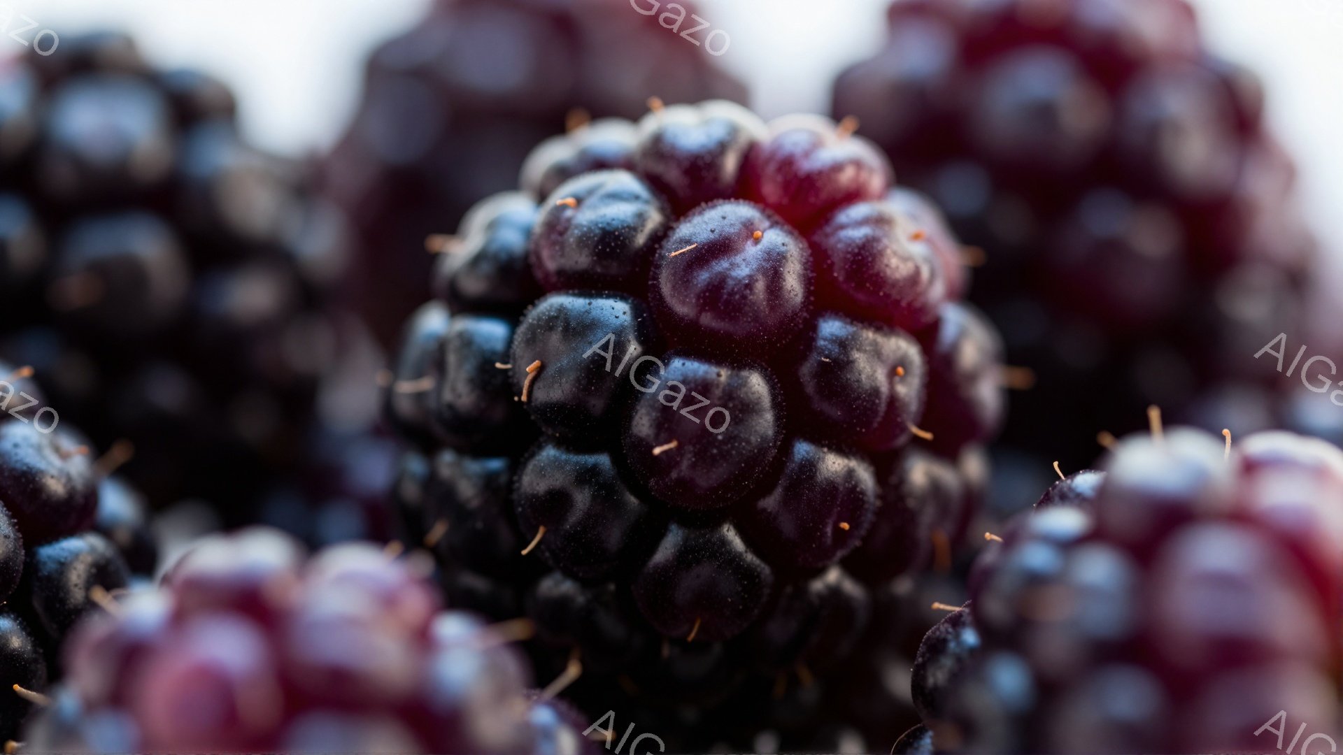 熟したブラックベリーが密集して写っており、各実には小さな突起が確認できます。光沢のある深い紫色が特徴的で、新鮮な状態が伝わってきます。背景はぼやけており、実そのものの質感と色彩が強調されています。