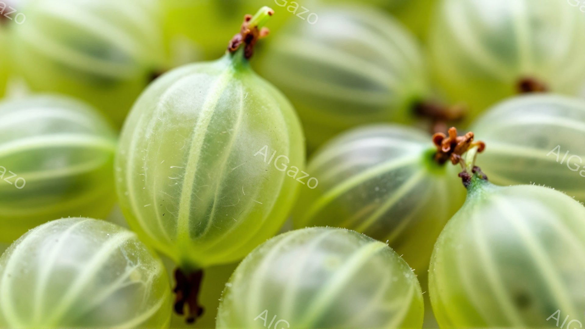 鮮やかな緑色のスモモモの実が密集して写っています。それぞれの実は半透明で、繊細な筋模様がうかがえ、先端には小さな茶色い萼がついています。背景はぼやけており、光が実を透過して、爽やかで自然な雰囲気を醸し出しています。