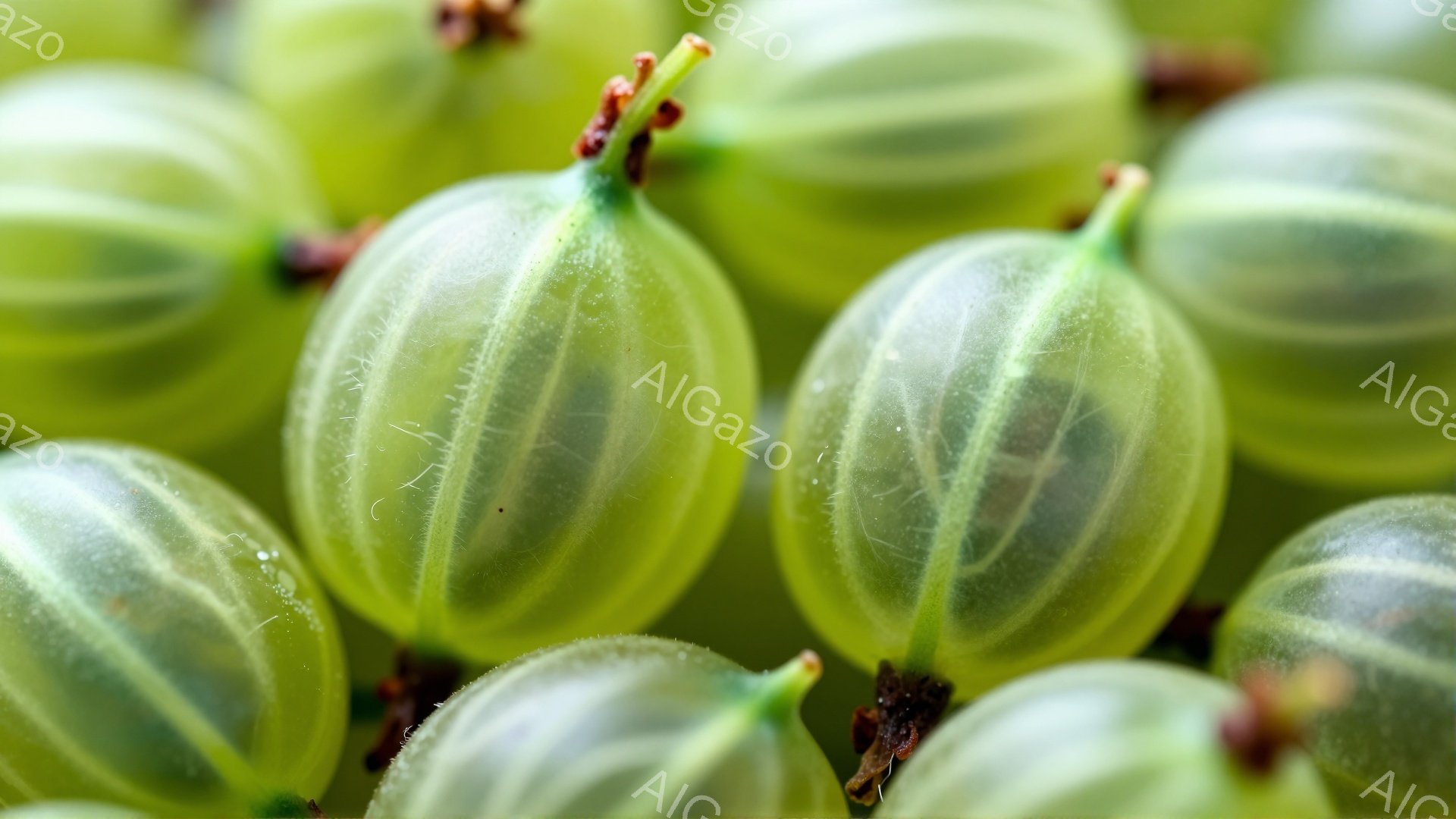 画像には、緑色のスグリが密集して写っています。それぞれのスグリは半透明で、内部の種がわずかに見え、表面には細かい筋模様があります。背景はぼやけており、スグリの鮮やかな色彩と独特の質感が際立っています。