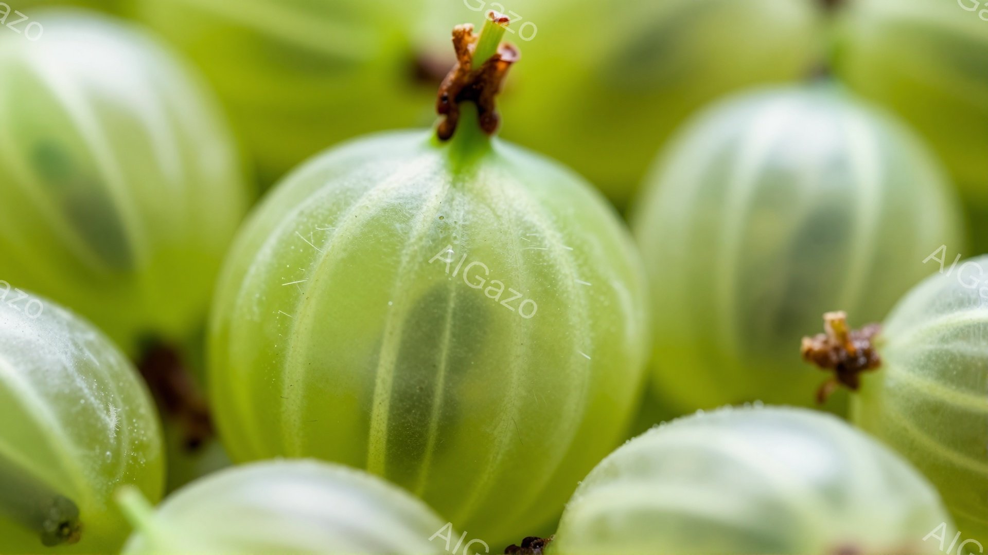 鮮やかな緑色のスグリが密集して写っており、それぞれの実は半透明で、血管のような模様がはっきりと見えます。表面には小さな毛がびっしりと生えており、光を反射してキラキラと輝いています。背景はぼやけていますが、同様のスグリの実が数多く存在することがわかります。