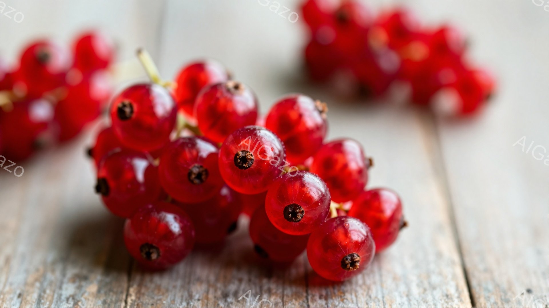 鮮やかな赤いスグリの房が、粗い木製の板の上に置かれています。一つ一つの実が丸く、瑞々しく、表面には小さな光沢があり、まるで宝石のようです。背景の木製ボードは薄暗いグレーで、スグリの鮮やかさを引き立てて - AI生成フリー素材