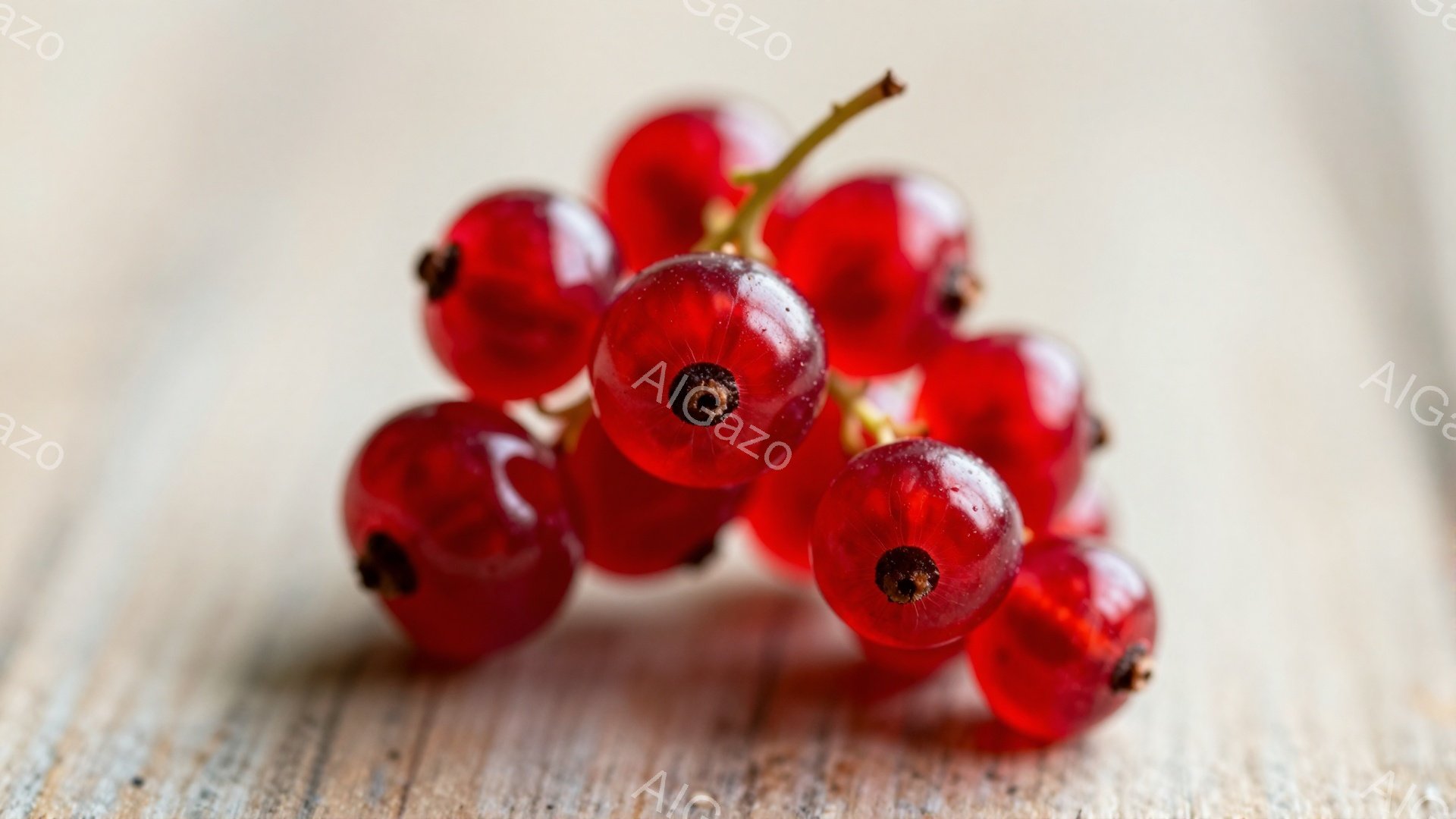 赤色のスグリの実が、木製の板の上にいくつか集まって写っています。実たちは丸く、表面には小さな点々とした模様があり、みずみずしい光沢を帯びています。背景の木材は、少し粗く、暖かみのある雰囲気で、実の鮮やかな赤色を際立たせています。