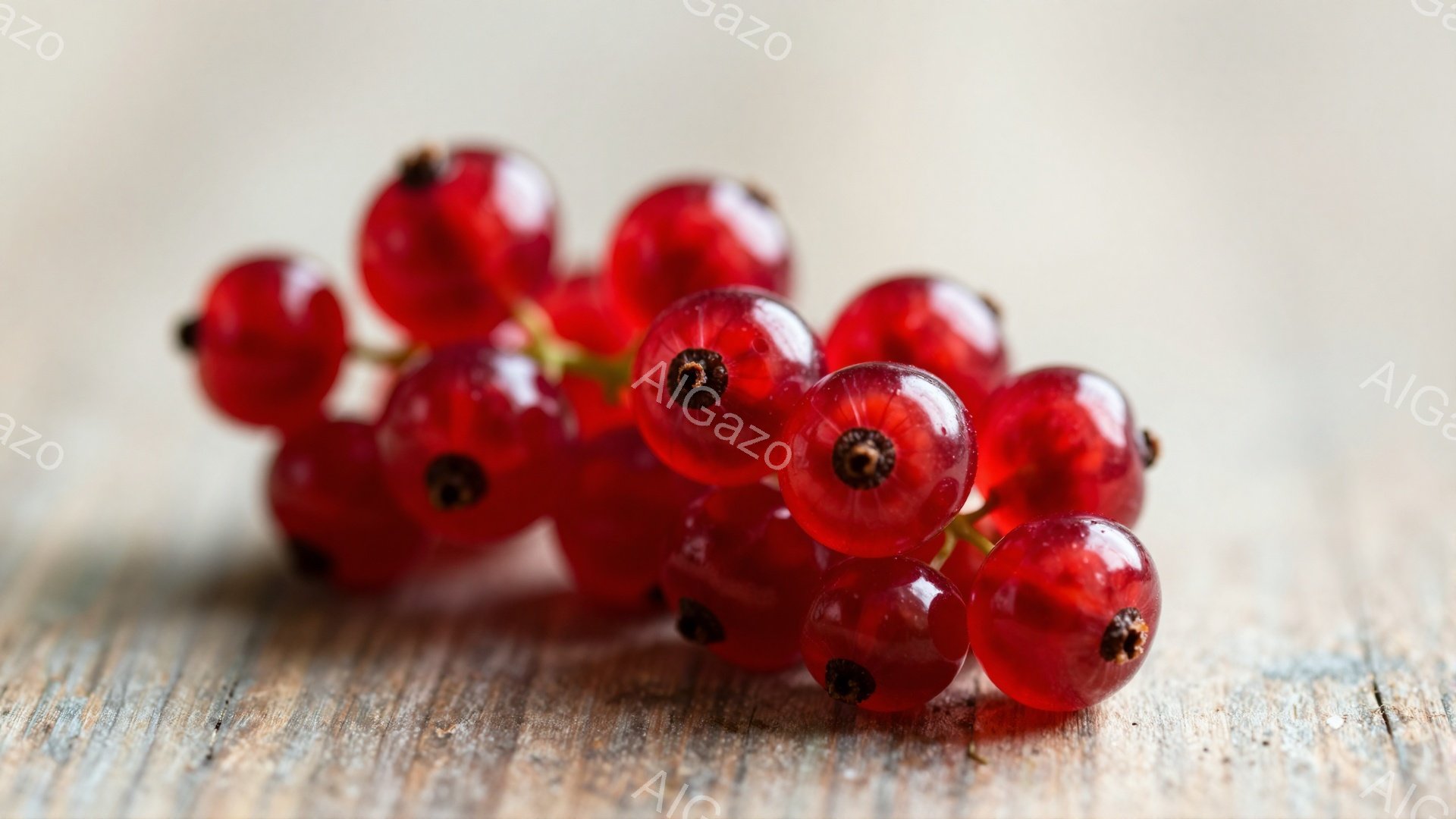 赤いスグリの実が木製の板の上に並んでいます。丸い実には小さな種が見え、光沢があり、鮮やかな赤色が目を引きます。背景はぼやけた木目で、自然な雰囲気を醸し出しています。