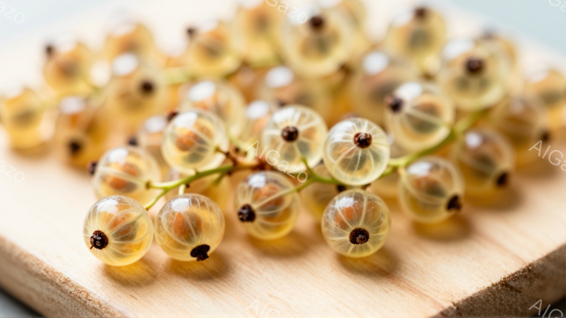 画像は、木製の板の上に並んだスモモの実に焦点を当てています。 スモモの実は半透明で、内側に種が見え、全体的に柔らかい黄色をしています。 背景はぼやけた木製で、スモモの実の自然な美しさを際立たせています - AI生成フリー素材