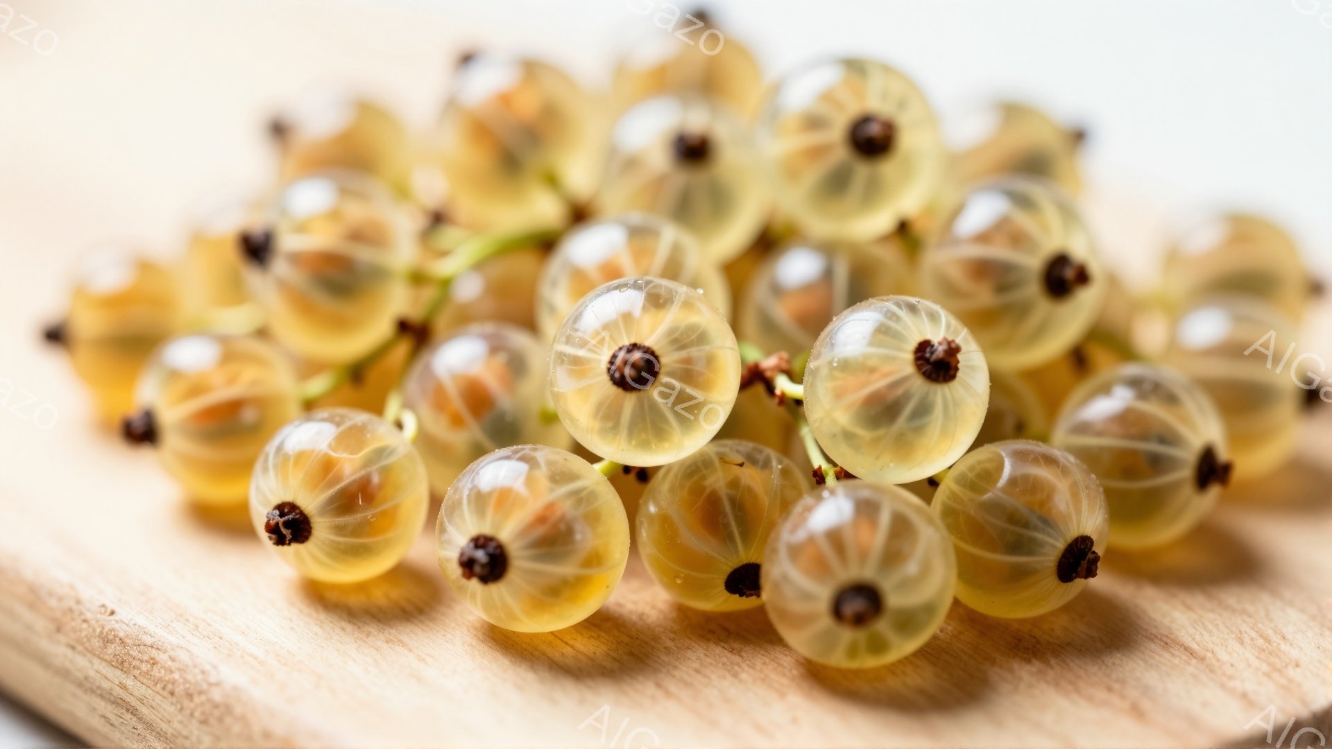 画像には、木製の板の上に置かれた、透明感のある淡い黄色のスグリの房が写っています。各スグリは小さな茶色の種子を含み、光を通すため、まるで小さなガラス玉のようです。背景はぼやけており、スグリの繊細さと自然な美しさを際立たせています。