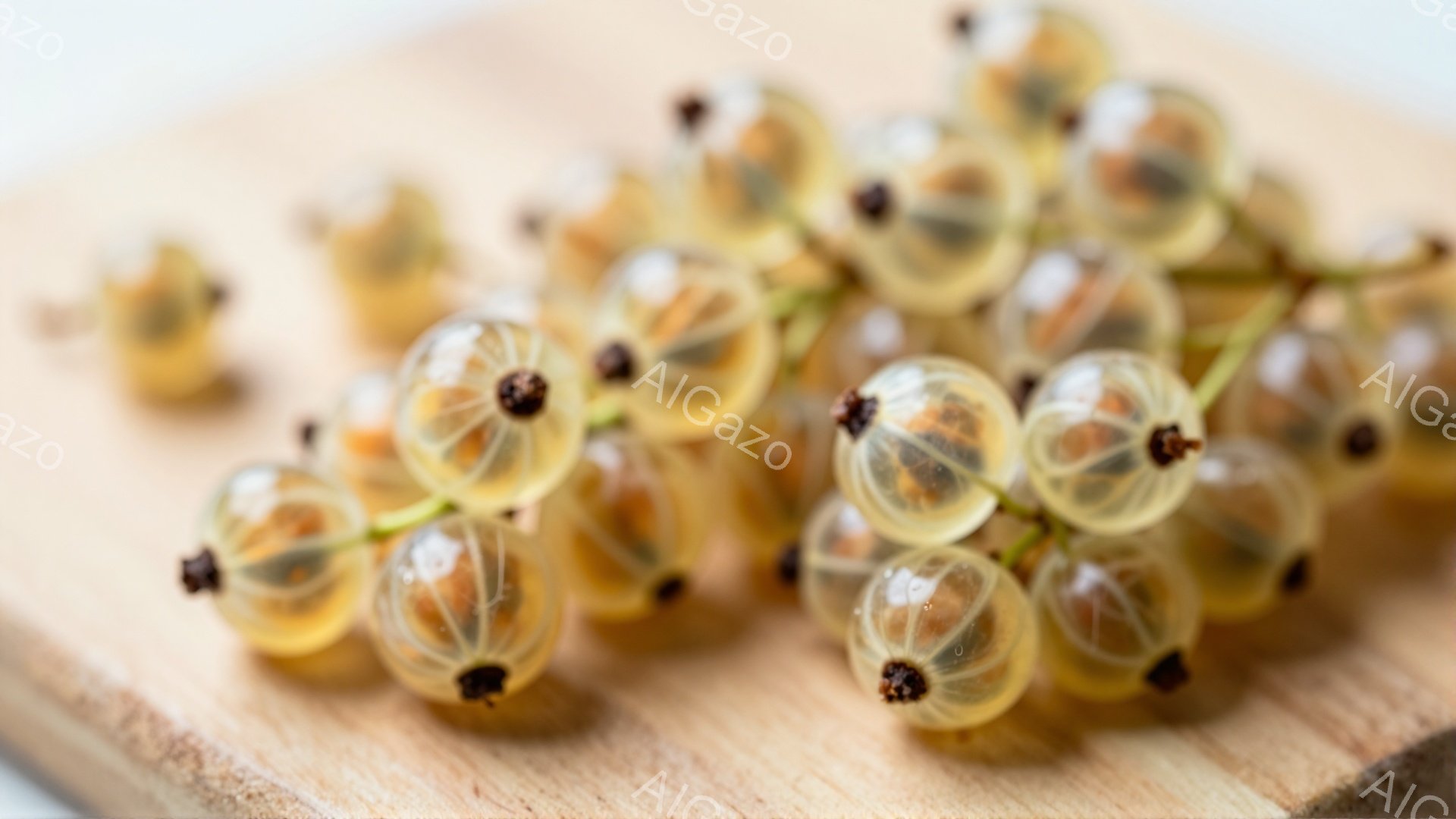 表面が半透明で、わずかに黄色がかったスグリが、木製の板の上に散りばめられています。各実には小さな暗褐色の種が見え、光沢があり、新鮮な印象を与えます。背景はぼやけており、実の鮮やかさと質感に視線が集中します。