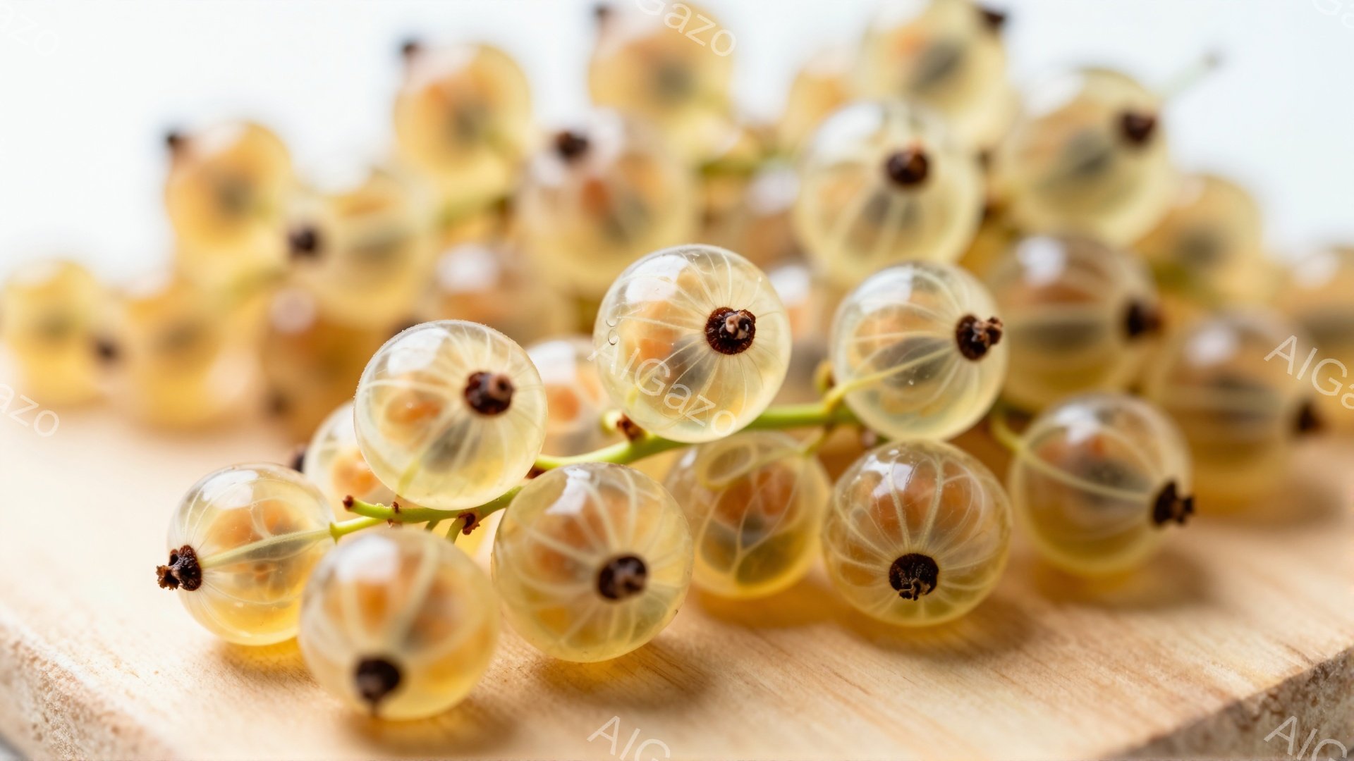 画像には、木製の板の上に置かれた白く半透明のグーズベリーの房が写っています。グーズベリーは球形で、表面に独特の網目模様があり、中には小さな種が見えます。背景はぼやけており、グーズベリーの繊細な美しさが際立っています。