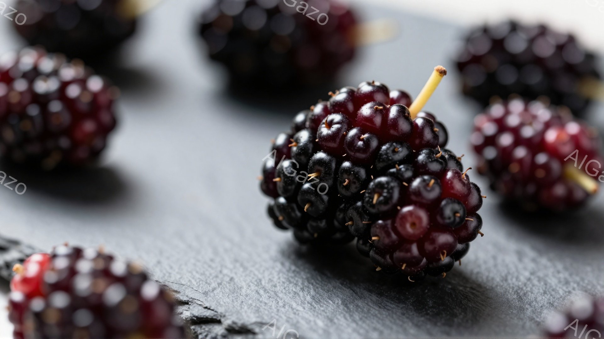 漆黒のスレートのような背景の上に、熟した黒いマルベリー（桑の実）がいくつか散りばめられています。果実は球形で、表面は小さな粒々で覆われ、光沢があり、まるで宝石のようです。全体的にダークトーンで、自然の静物画のような落ち着いた雰囲気を醸し出しています。