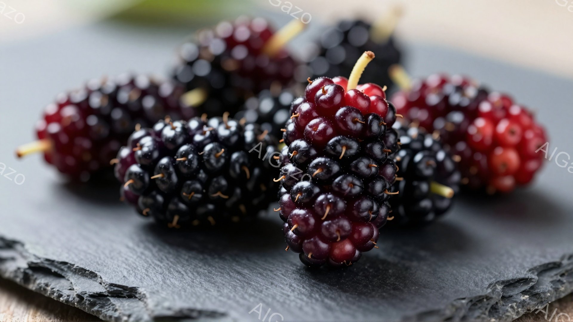 熟したマルベリー（桑の実）が、黒色のスレートの上に置かれています。実たちは赤紫色の美しい色合いで、表面には細かい突起が見られます。背景はぼやけた木目で、果実の深みと質感を際立たせています。