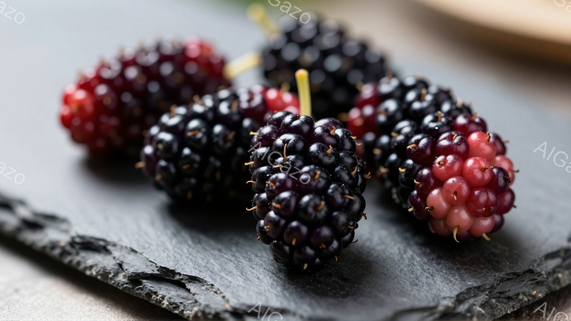 画像には、黒っぽいスレートのような石板の上に、熟したマルベリー（桑の実）がいくつか置かれています。実たちは赤から紫、黒へと色合いが変化しており、表面には小さな粒が密集しています。背景はぼやけていますが - AI生成フリー素材