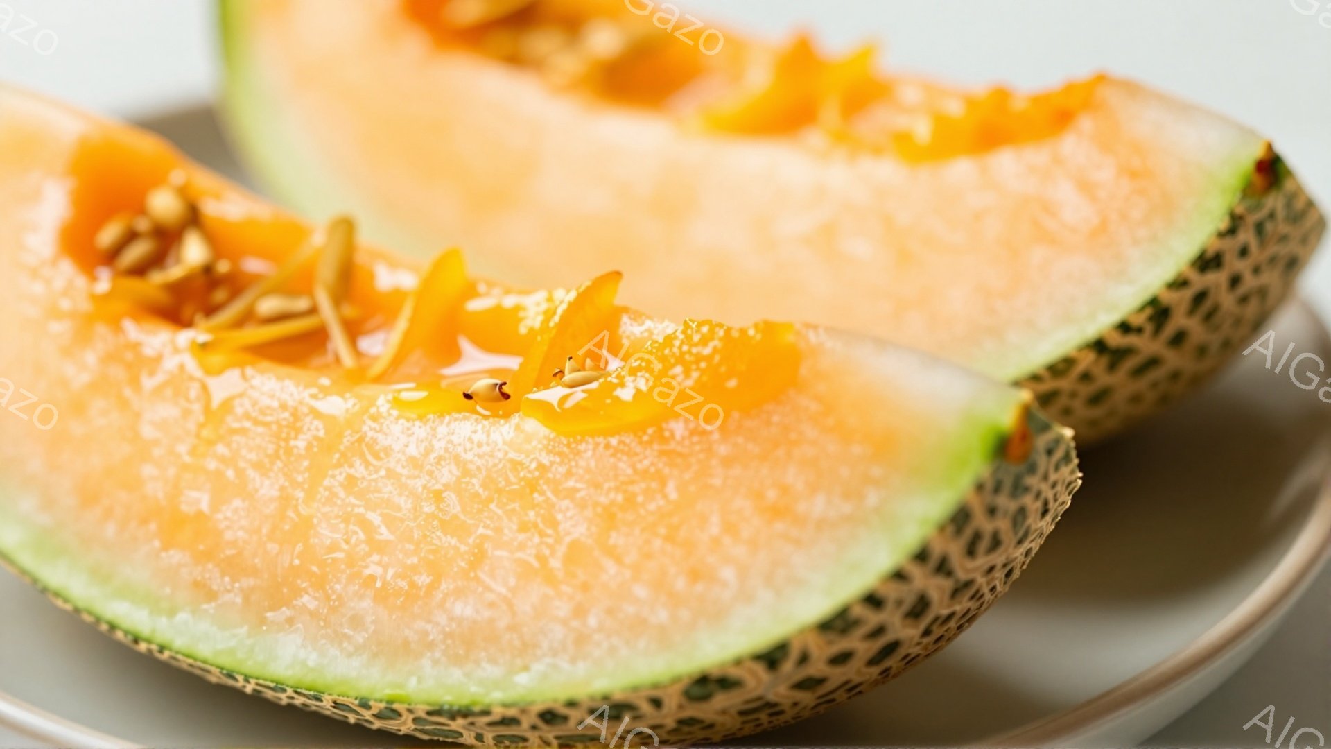 鮮やかなオレンジ色の果肉を持つメロンが皿の上に2切れ置かれています。果肉は細かく繊維状で、種が点在しており、表面には微細な網目模様が見られます。背景はぼやけており、皿の白さがメロンの鮮やかな色を引き立 - AI生成フリー素材