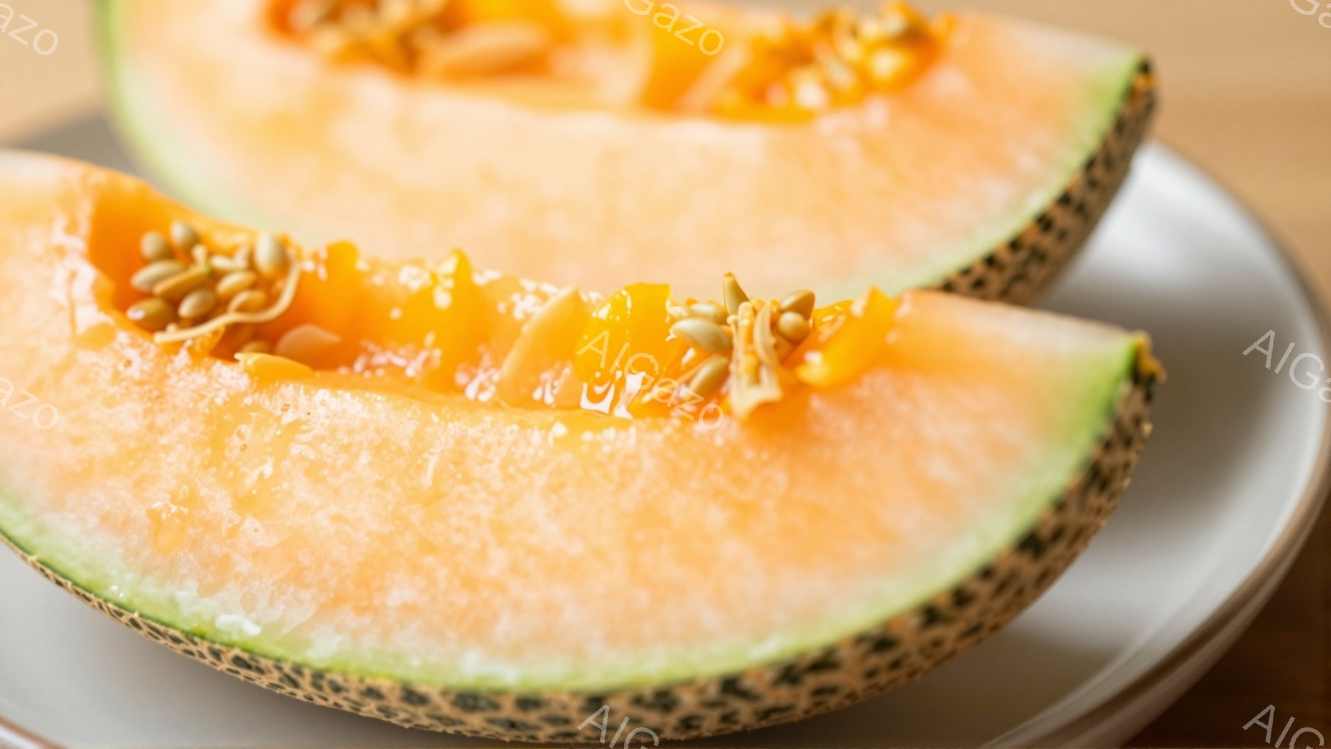 鮮やかなオレンジ色のメロンの断面が2つ、白い皿の上に並んでいます。果肉はジューシーで、種は中心に密集しており、メロンの甘い香りが想像できます。背景はぼやけていますが、皿の白さがメロンの色を引き立ててい - AI生成フリー素材