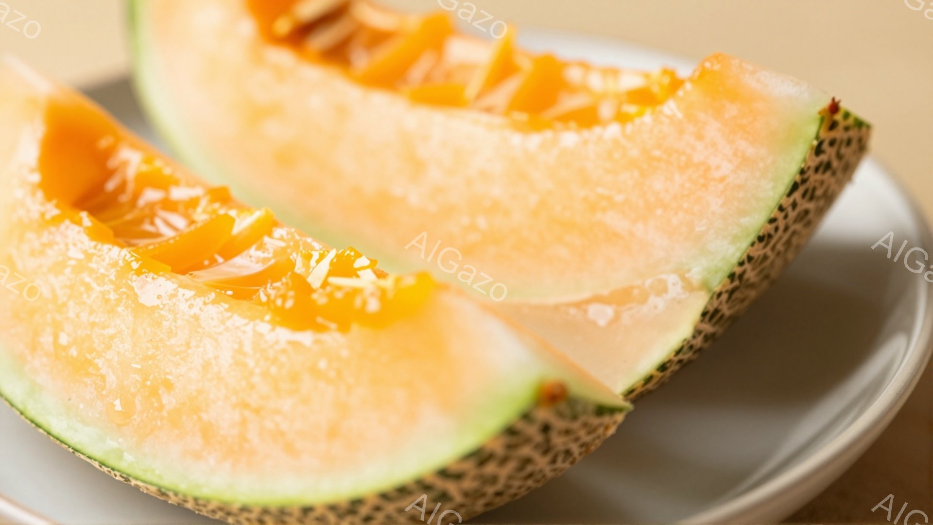 画像には、切り分けられたメロンが白い皿に乗せられています。メロンは鮮やかなオレンジ色で、表面には細かい網目模様があり、種は中央に集まっています。背景はぼやけていますが、全体的に明るく、爽やかな印象を与えます。