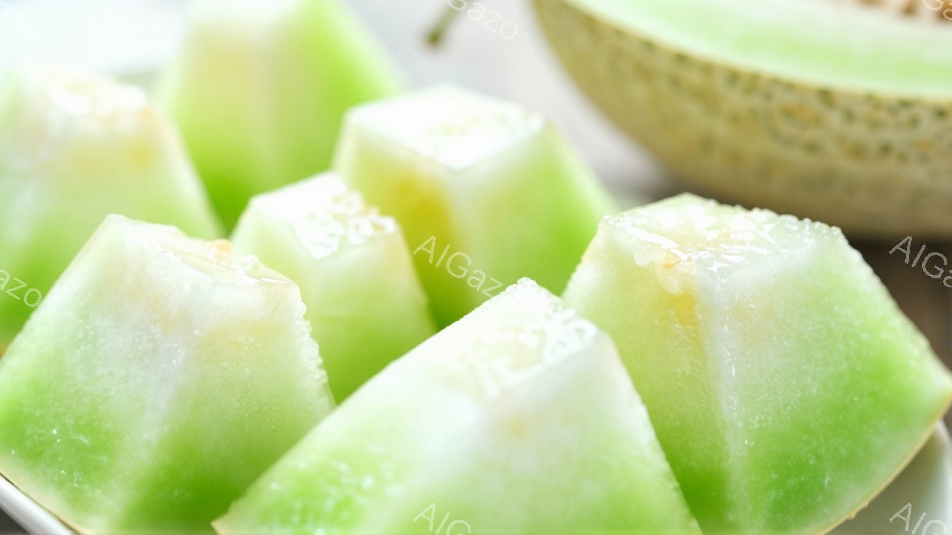 画像は、切り分けられたメロンのピースがいくつか、明るい背景の上に並べられています。メロンの果肉は淡い緑色で、みずみずしく、甘みが感じられます。奥には、カットされていない丸いメロンが見え、全体として爽や - AI生成フリー素材