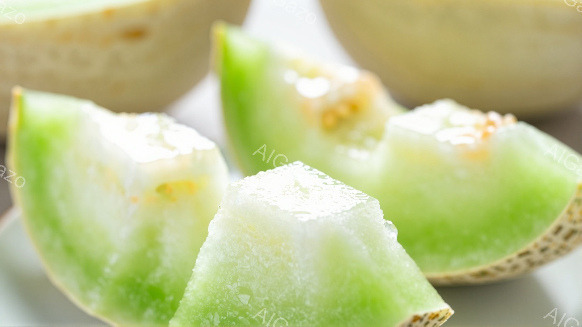 画像は、切り分けられたメロンのアップです。果肉は鮮やかな緑色で、表面には水滴がついており、みずみずしさを強調しています。背景はぼやけており、メロンそのものに焦点が当てられています。