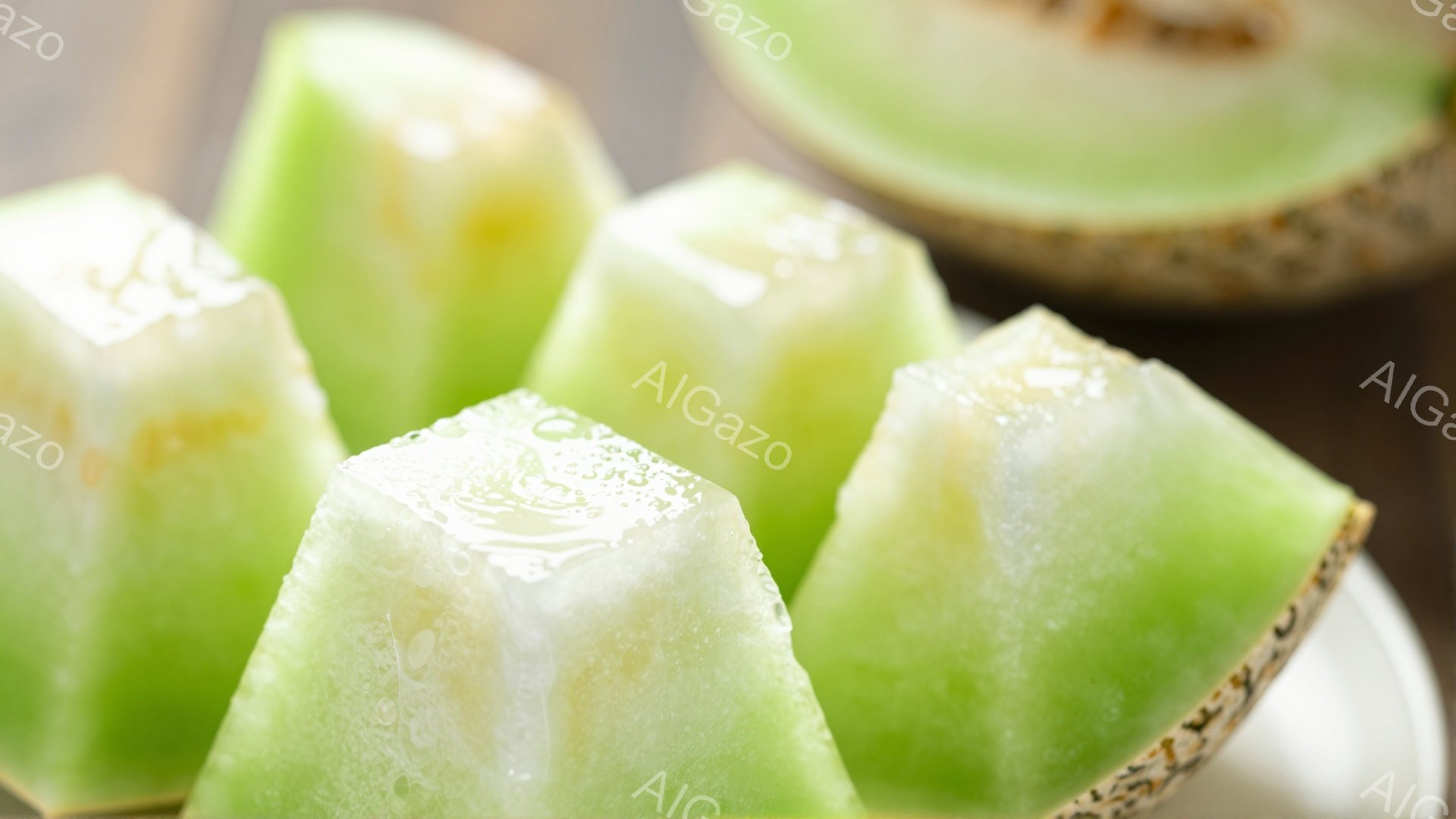 鮮やかな緑色のメロンの角切りがいくつか、白い皿の上に置かれています。メロンの果肉は透き通っていて、表面には水滴が輝き、みずみずしさを感じさせます。背景には、半分に切られたメロンがぼんやりと見え、全体的に爽やかで食欲をそそる雰囲気です。