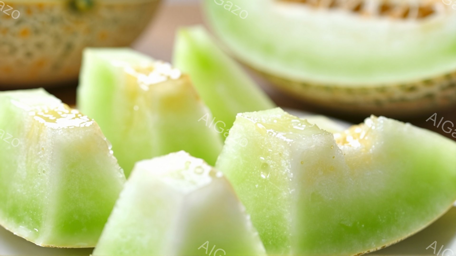 鮮やかな緑色のメロンが数切れ、テーブルの上に並べられています。果肉は瑞々しく、表面には小さな水滴が光っています。背景にはぼやけたメロンの全体像が見え、全体的に爽やかで食欲をそそる雰囲気です。