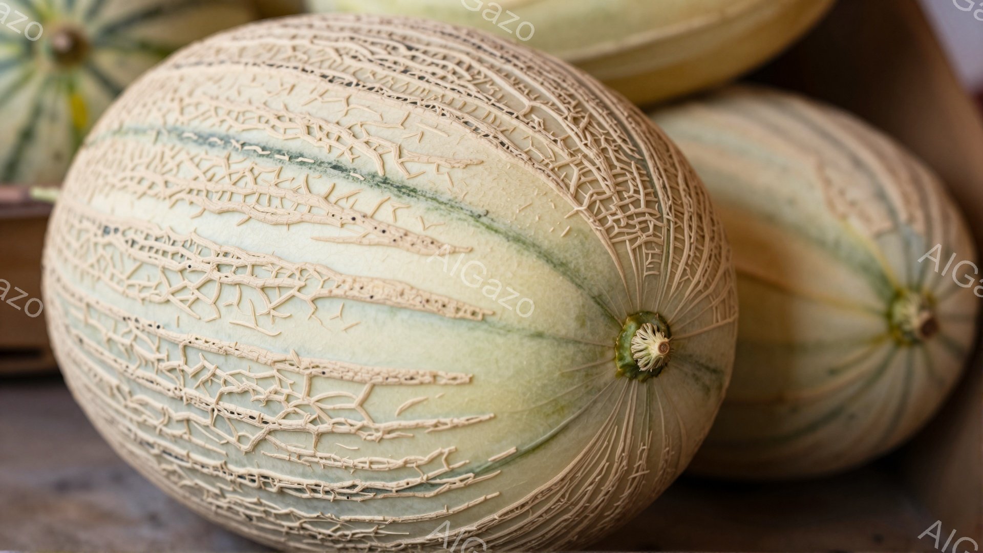 複数のメロンが木製の表面に並べられています。メロンは淡い緑色と黄色の縞模様で覆われ、表面には複雑な網目状の模様があります。全体的に、新鮮で自然な雰囲気であり、収穫されたばかりの果物が置かれている様子が伝わってきます。