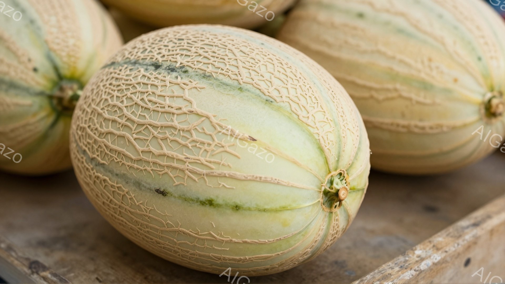 画像には、網目模様のメロンがいくつか並べられています。メロンは淡い緑色とクリーム色をしており、表面には細かい網目状の模様が広がっています。背景は木製の台のようなもので、メロンの自然な色合いと木材の温かみが組み合わさり、落ち着いた雰囲気を醸し出しています。
