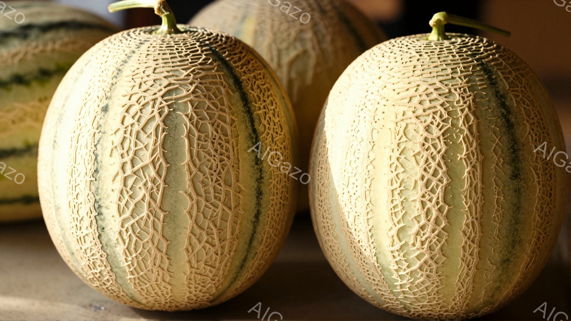 画像には、2つのメロンが並んで写っています。メロンは、表面に特徴的な網目模様があり、淡い緑色とベージュ色をしています。背景はぼやけていますが、木製のテーブルのようなものがわずかに見えます。