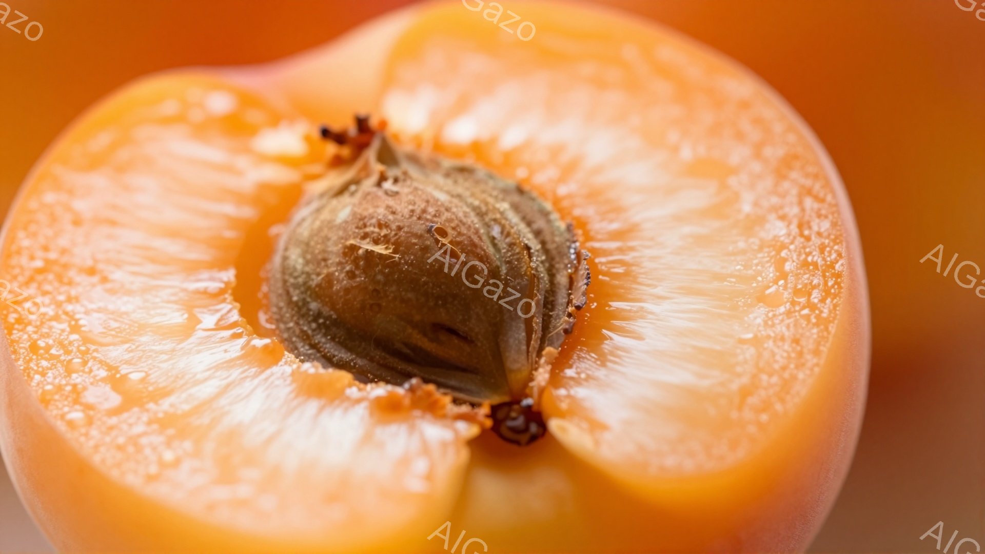 柿の断面がクローズアップで捉えられています。果肉は鮮やかなオレンジ色で、中心には種が位置しています。全体的に瑞々しく、みずみずしい質感と鮮やかな色が印象的な写真です。