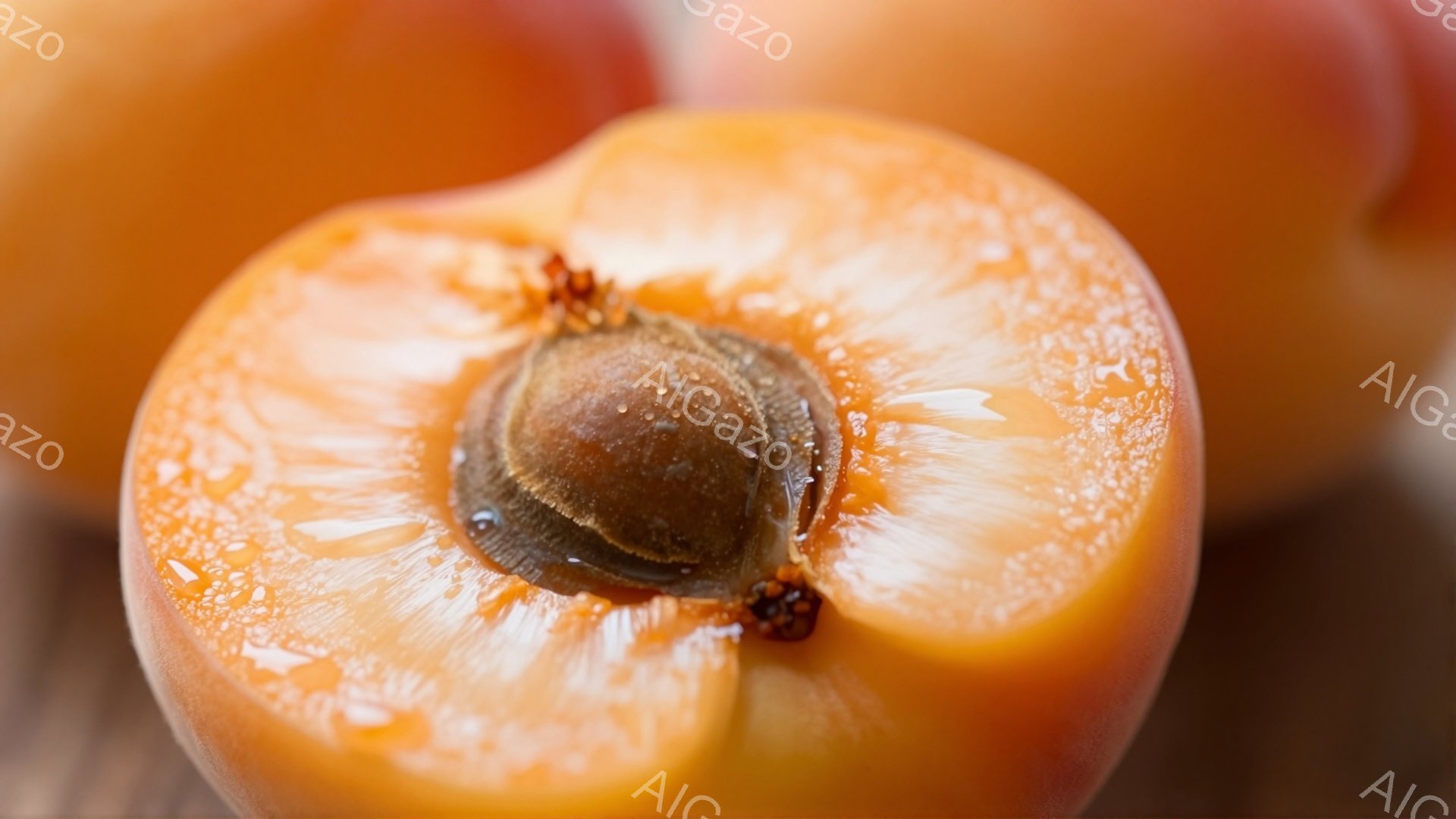 柿の断面がクローズアップで写っている。果肉は鮮やかなオレンジ色で、瑞々しい光沢があり、種を取り囲むように放射状に広がっている。背景はぼやけており、他の柿もわずかに写っているが、焦点は断片的に切り取られた柿の鮮やかなオレンジ色に集まっている。