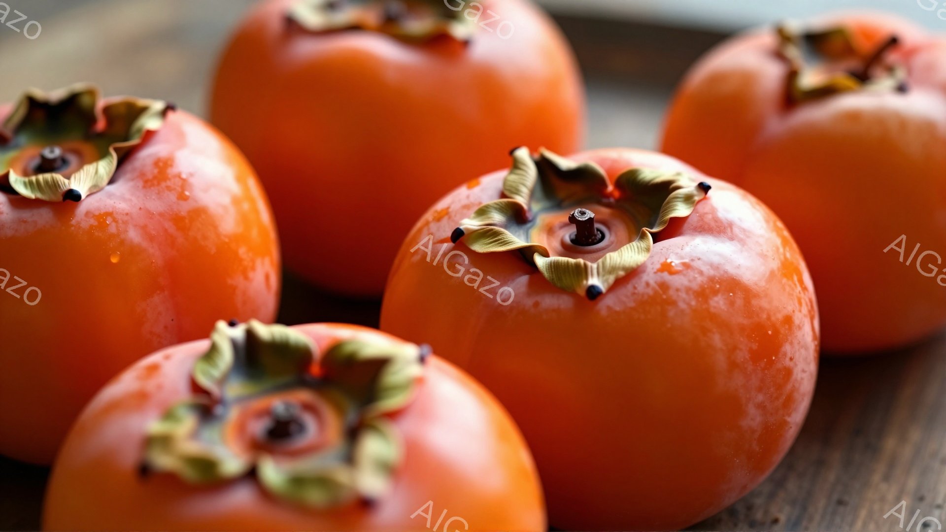 鮮やかなオレンジ色の柿が、木製の台の上に並んでいます。柿のヘタの部分が緑色で、水分を含んで光沢があり、丸みを帯びた形が特徴的です。背景はぼかされており、柿が際立って見えます。