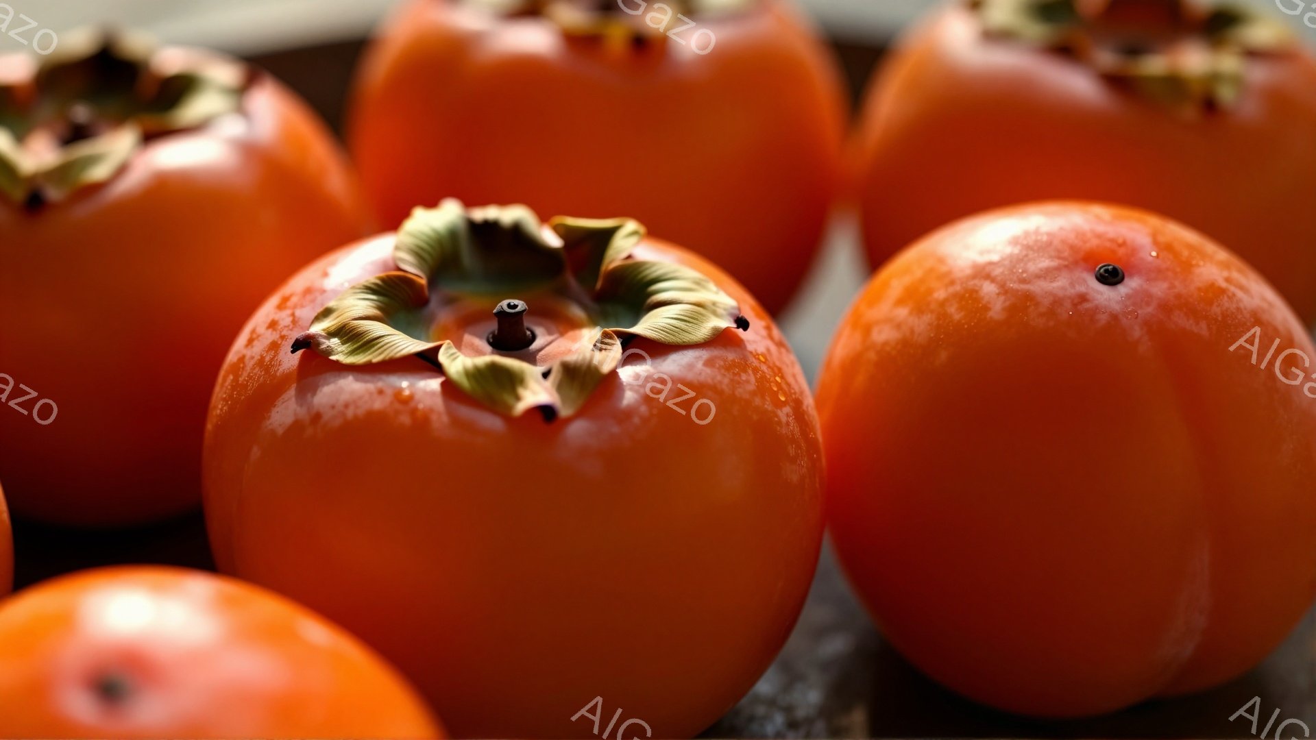 鮮やかなオレンジ色の柿がいくつか、茶色の表面の上に並んでいます。柿は丸みを帯びており、それぞれに緑色の葉っぱが少し残っています。背景はぼやけており、全体的に暖かく、秋らしい雰囲気が漂っています。