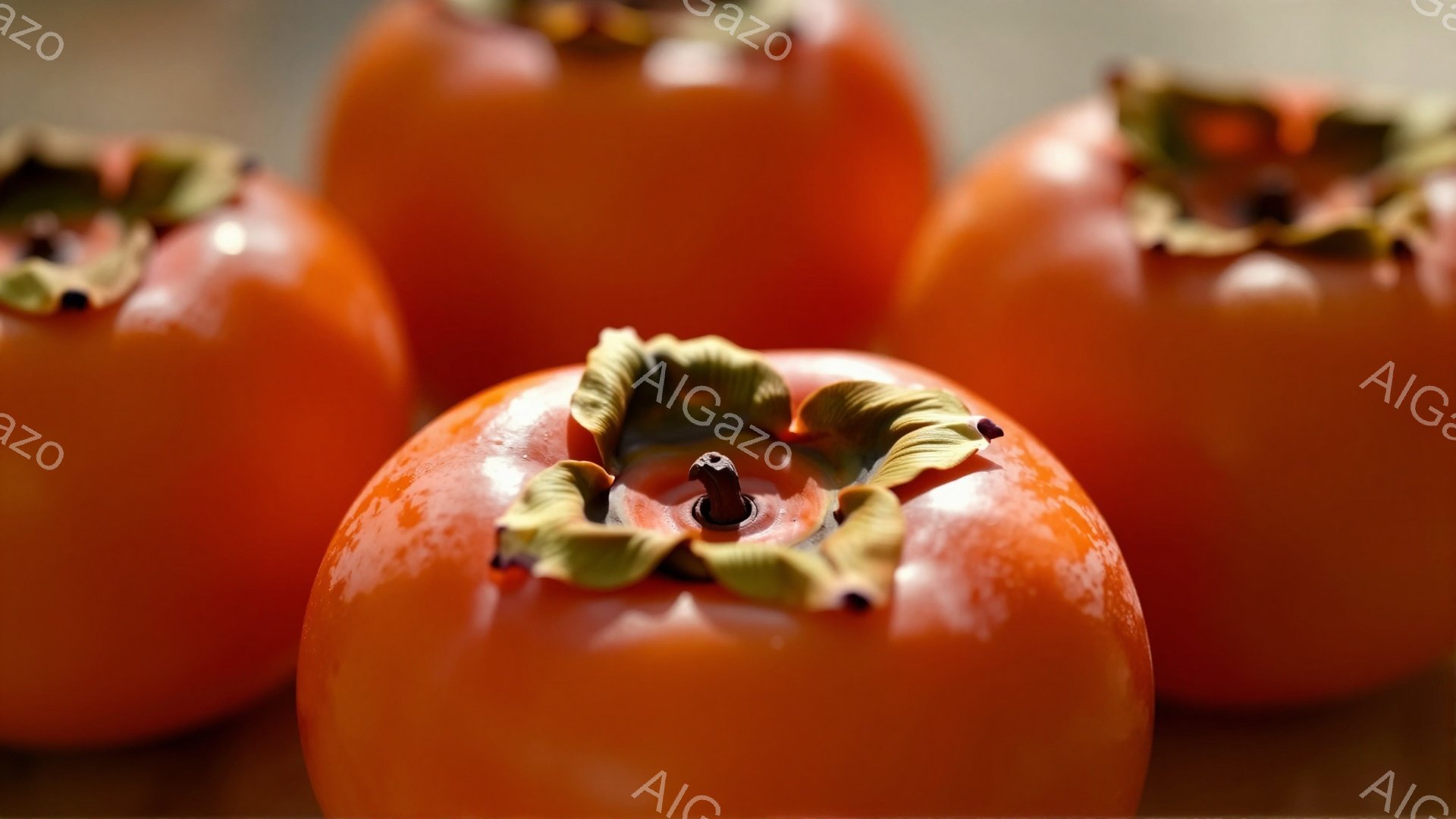 鮮やかなオレンジ色の柿が数個、背景にぼやけて写っています。柿は瑞々しく、つややかな表面が光を反射しています。背景はぼやけており、柿が主要な被写体として際立っています。