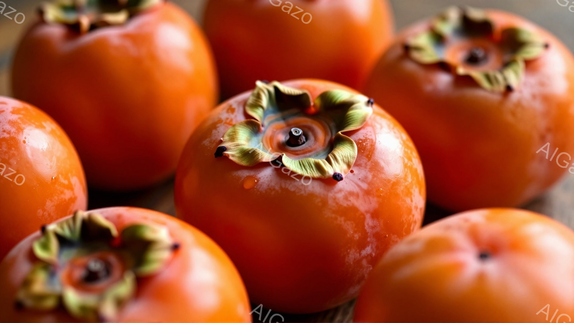 画像には、鮮やかなオレンジ色の柿が複数写っています。柿は丸みを帯びており、ヘタの部分が緑色で特徴的です。表面には水滴が見られ、みずみずしさを感じさせる、収穫期の雰囲気が漂っています。