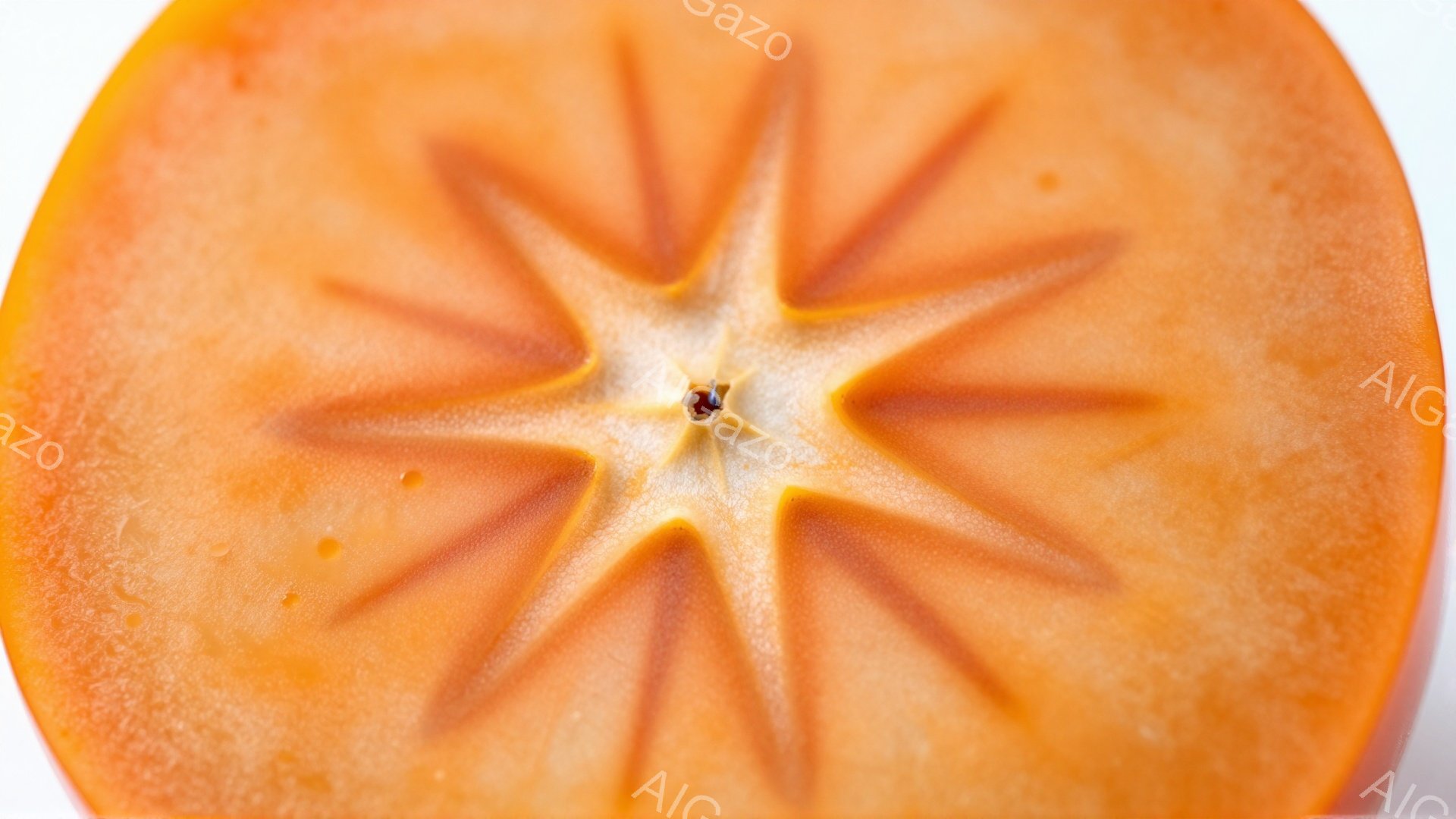 鮮やかなオレンジ色の柿の断面が写っている。種のある中心から放射状に線が伸び、果肉の模様が美しい。背景は白く、柿の鮮やかな色が際立っている。
