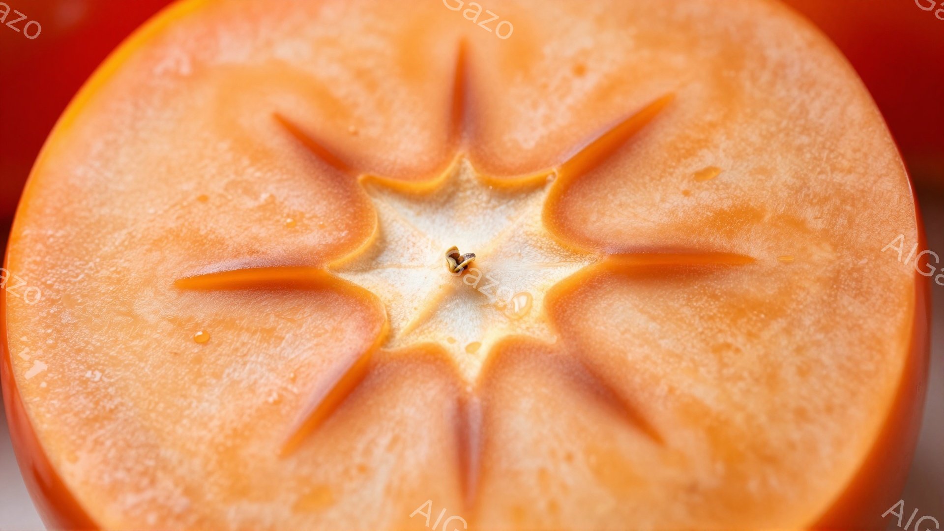 画像は柿の断面のクローズアップです。鮮やかなオレンジ色で、星形に広がる種が特徴的です。果肉は滑らかで、わずかに水滴が見られ、新鮮さを感じさせます。