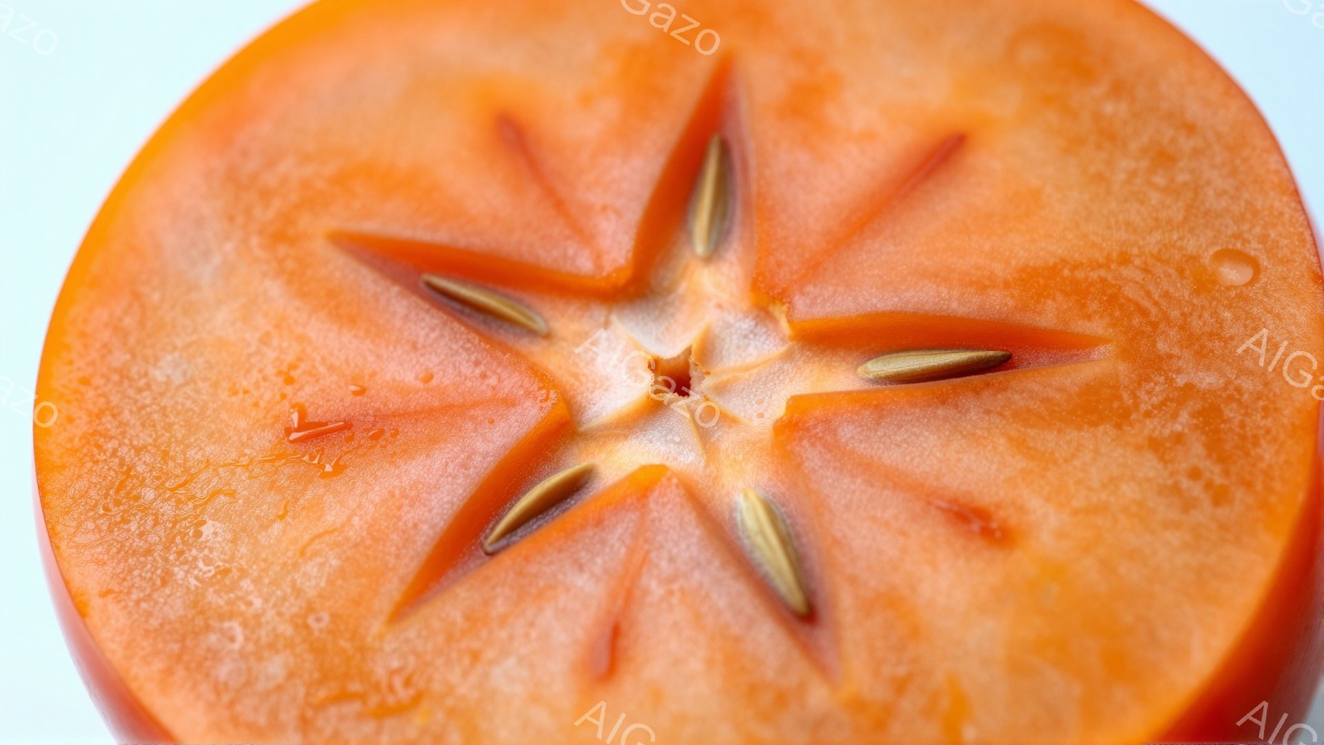 鮮やかなオレンジ色の柿の断面が写っている。中心には星形に配置された種があり、果肉の模様が放射状に広がっている。背景は白く、柿の色が際立っており、瑞々しい果物の魅力が伝わってくる。