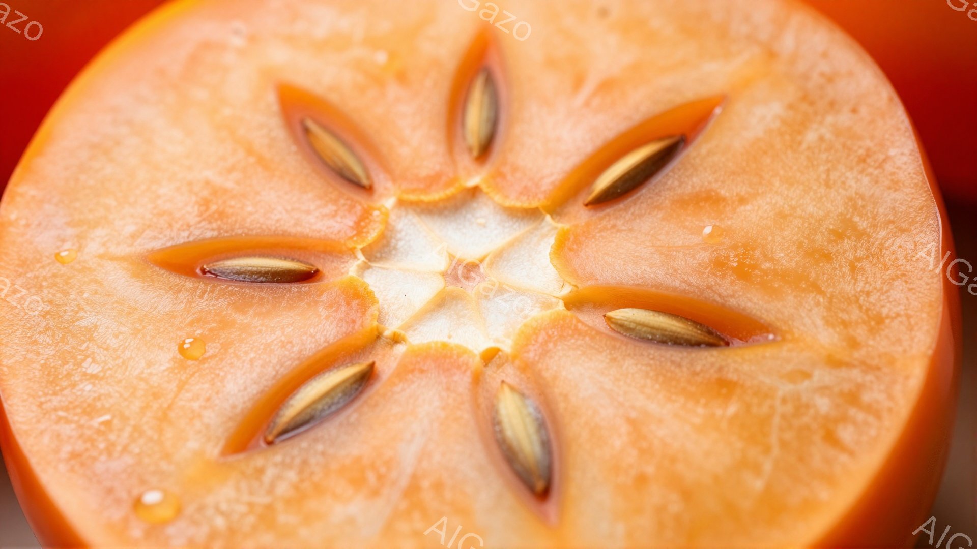 鮮やかなオレンジ色の柿の断面が画面いっぱいに広がっています。中心には星形に並んだ種があり、果肉は滑らかで瑞々しい質感です。全体的に温かく、秋の収穫を思わせる雰囲気があります。