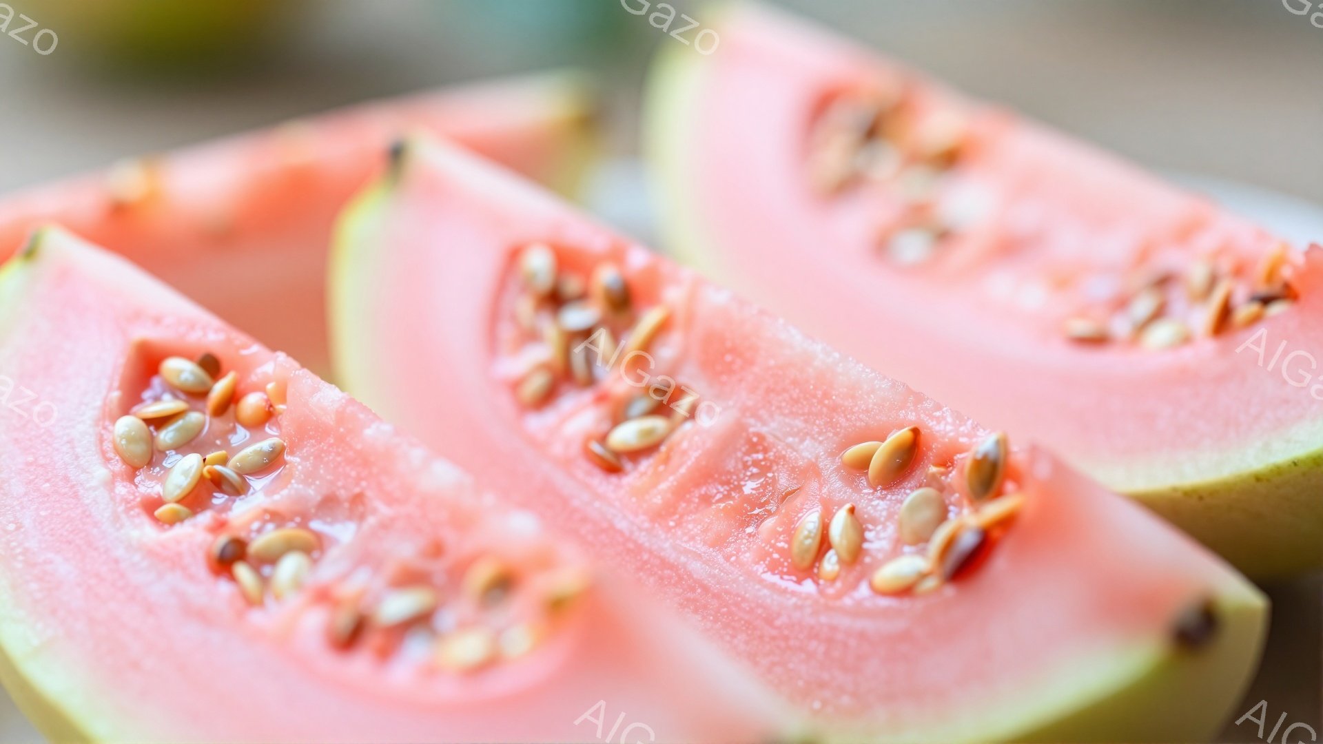 画像はピンク色の果肉に小さな種が散りばめられたグアバのスライスをクローズアップで捉えています。果肉はみずみずしく、種は白から薄茶色で、果皮は淡い緑色をしています。全体的に明るく、新鮮な印象を与える写真です。
