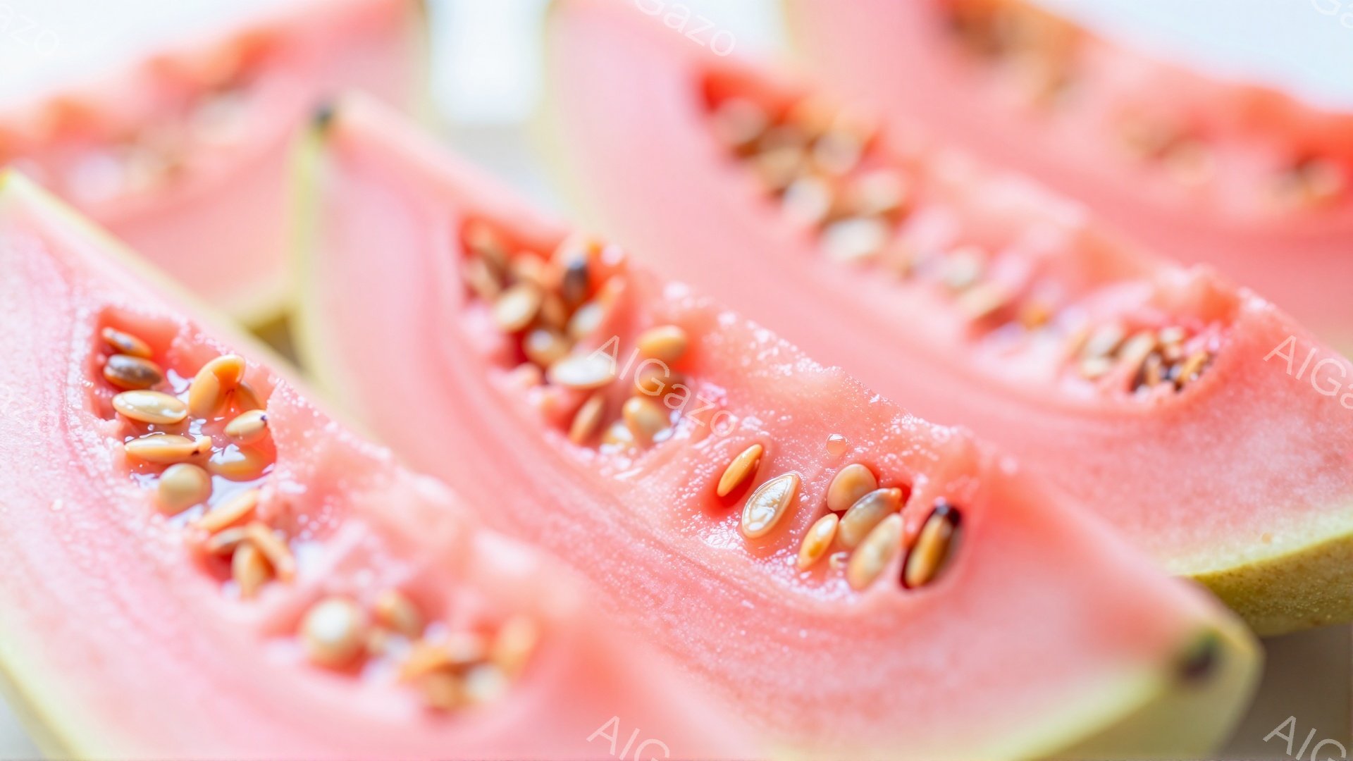 この画像は、ピンク色のパパイヤの断面がいくつか並んでいる様子を捉えています。果肉は種が密集しており、種の色は淡い茶色です。背景は白く、パパイヤの色が際立っています。