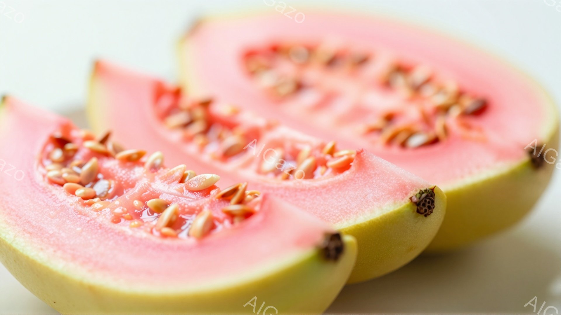 この画像には、切り分けたグアバが3つ写っています。ピンク色の果肉には小さな種がぎっしりと詰まっており、果皮は緑色から黄色へと変化しています。背景は白く、グアバの鮮やかな色合いが際立っています。