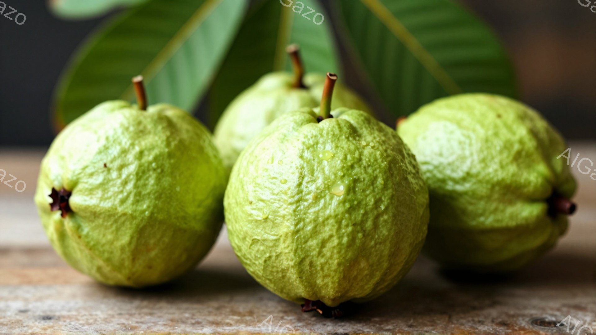 鮮やかな緑色のグアバが四つ、木製のテーブルの上に並べられています。果実には水滴がつき、瑞々しさを感じさせます。背景にはグアバの葉が見え、自然な雰囲気を醸し出しています。