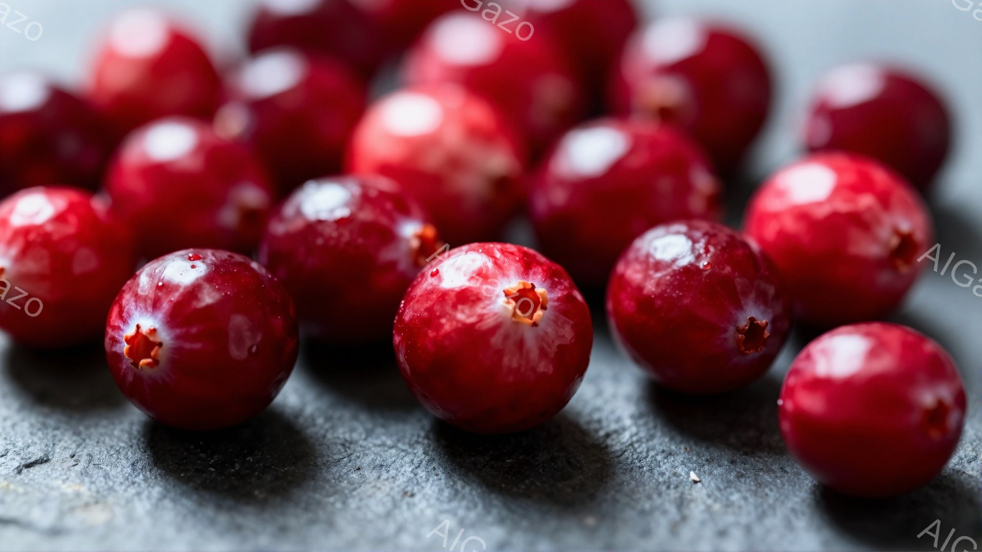 鮮やかな赤いスグリが、ざらざらとした暗いグレーの表面に散らばっています。各スグリには、小さな窪みがあり、わずかに光沢があり、全体的にシャープなフォーカスで捉えられています。背景は単調で、スグリの色を際立たせており、落ち着いた雰囲気です。