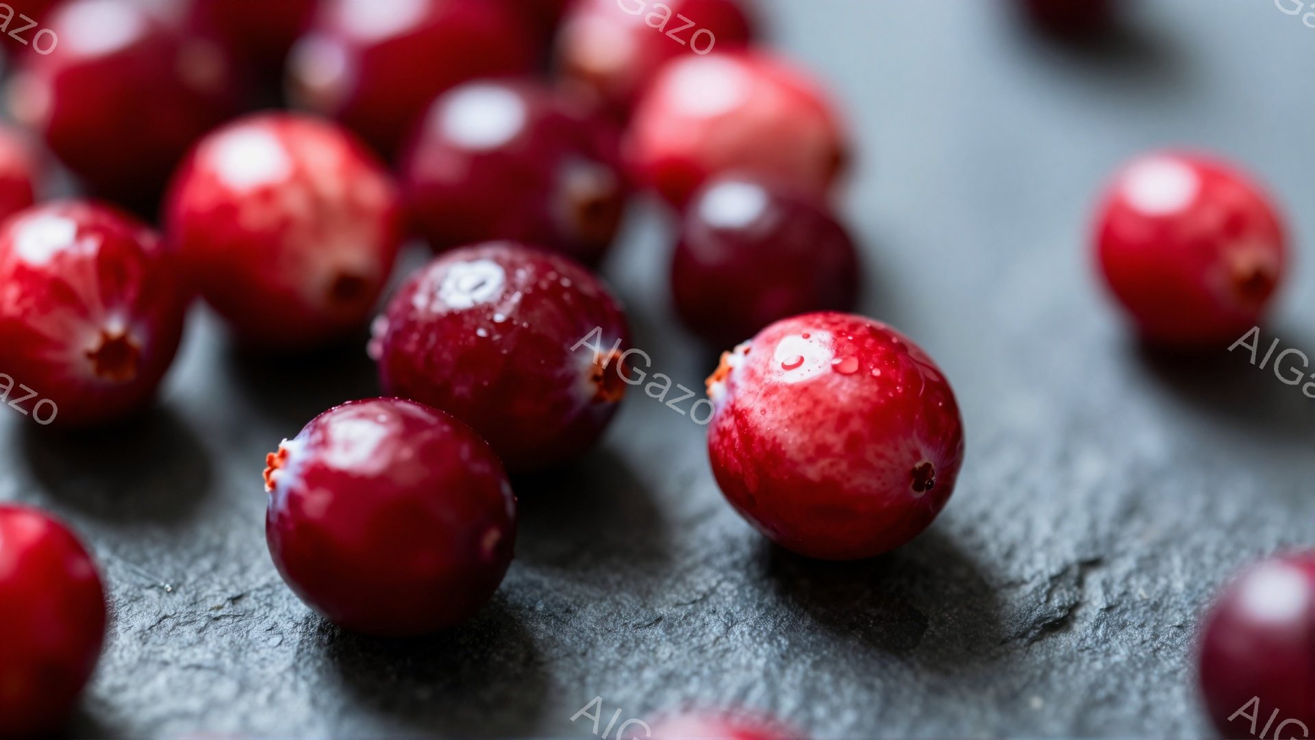 深紅色のクランベリーが石版のような暗いグレーの背景に散りばめられています。果実には水滴がつき、みずみずしく、自然な光沢が強調されています。全体的に落ち着いた色合いで、シンプルながらも生命力あふれる雰囲気が漂っています。